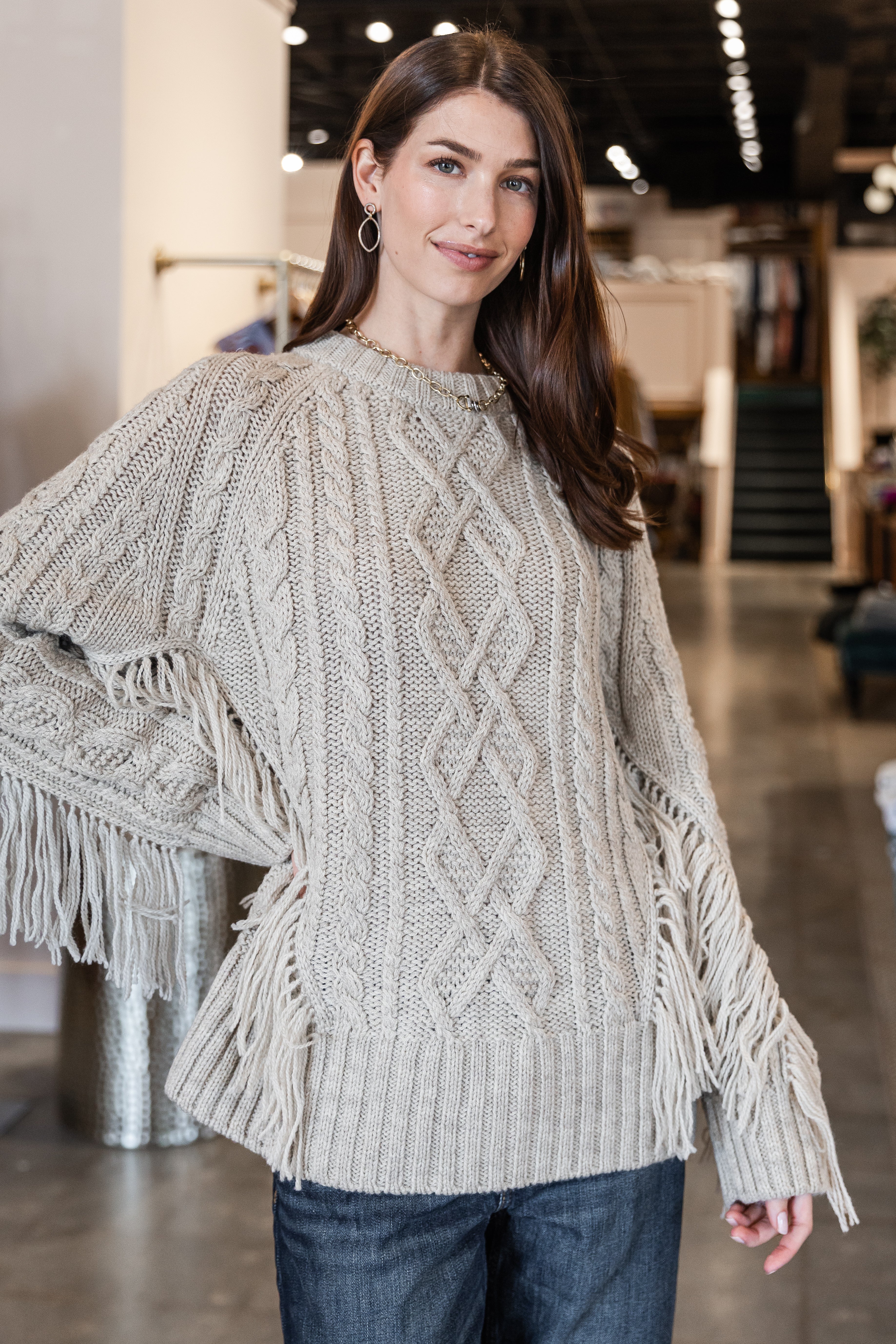 Crewneck Fringe Sweater - Oyster