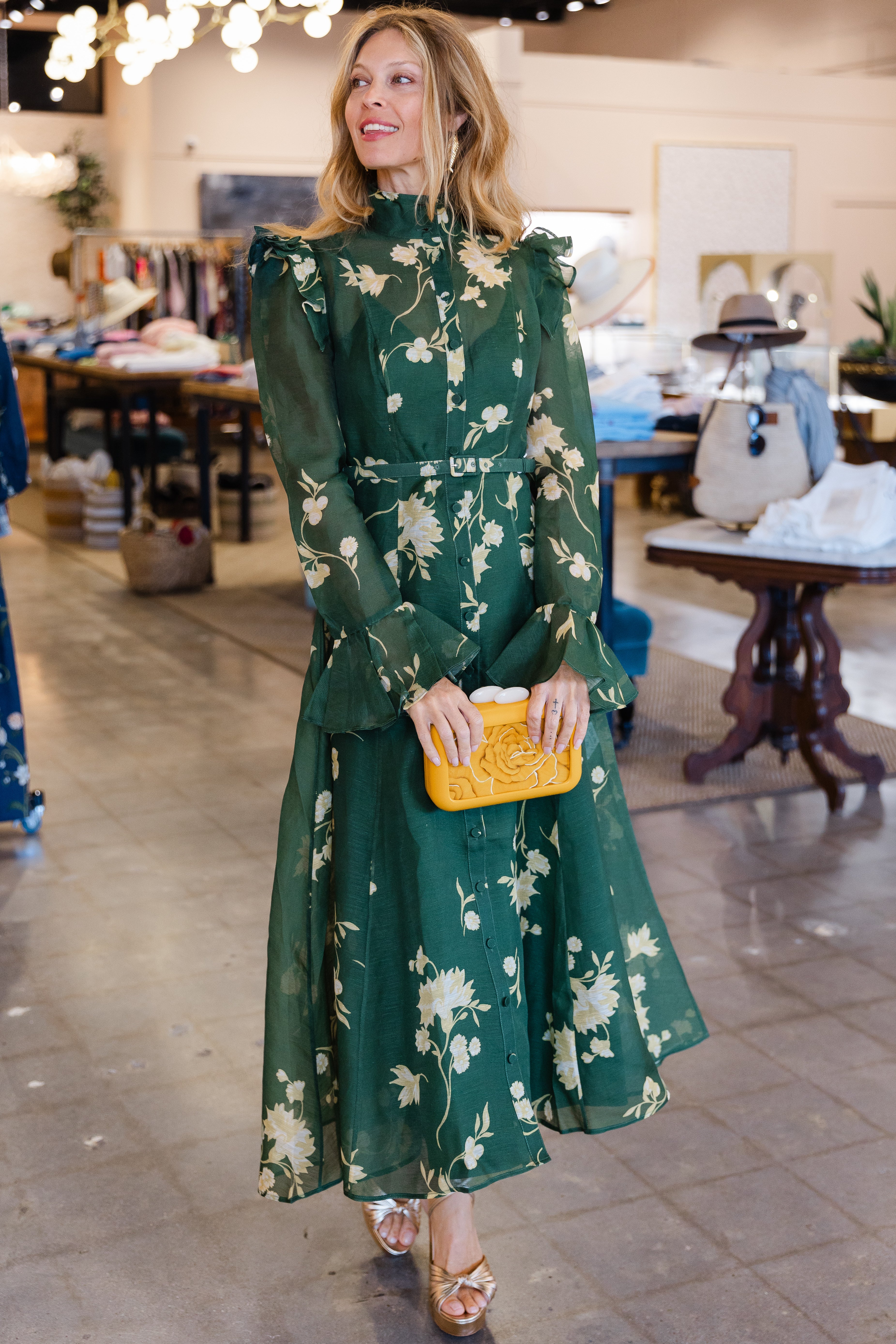Katrina Butterfly Sleeve Midi Dress - Forest Print