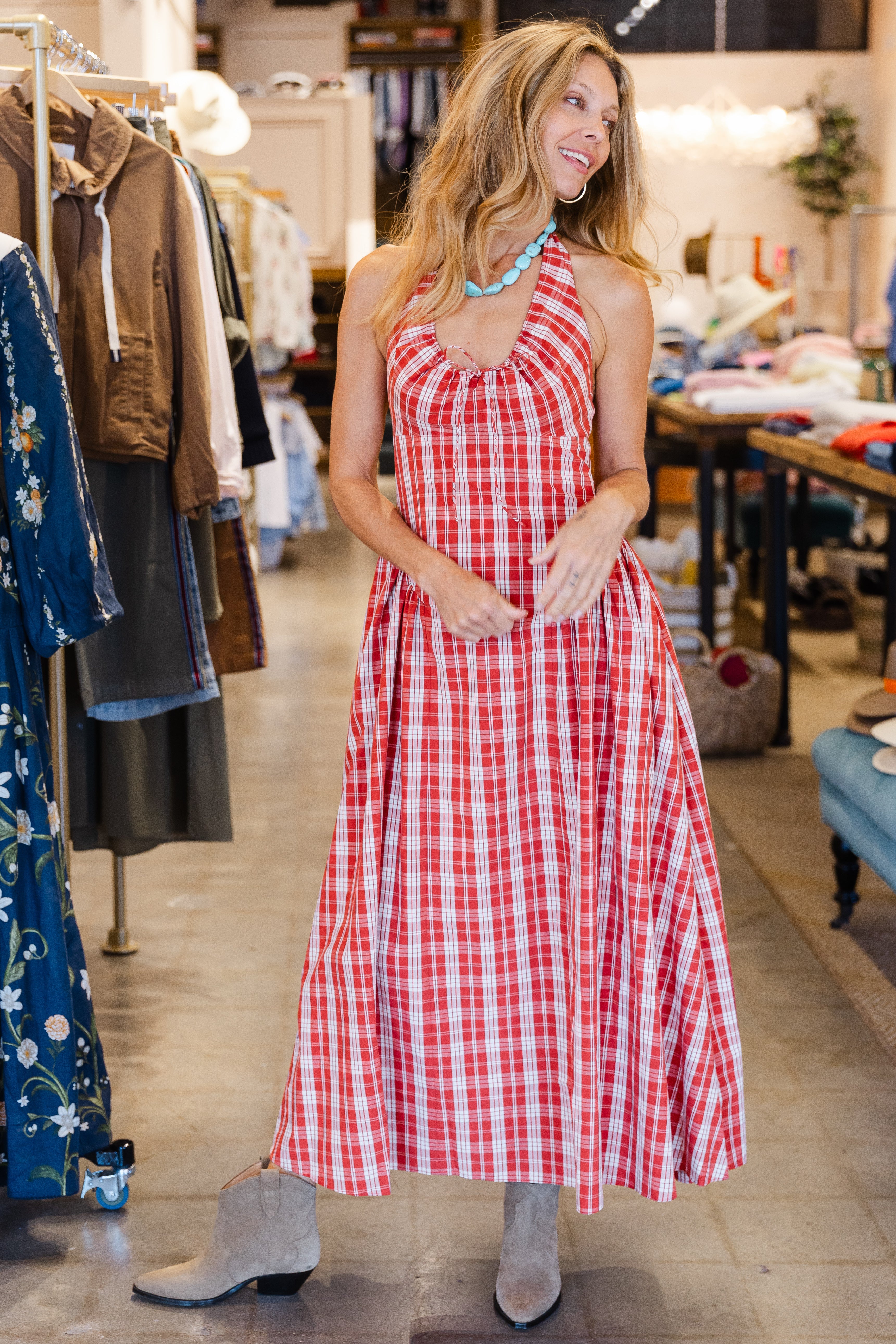 Del Ros Midi Dress- Ines Check Terra Rosso