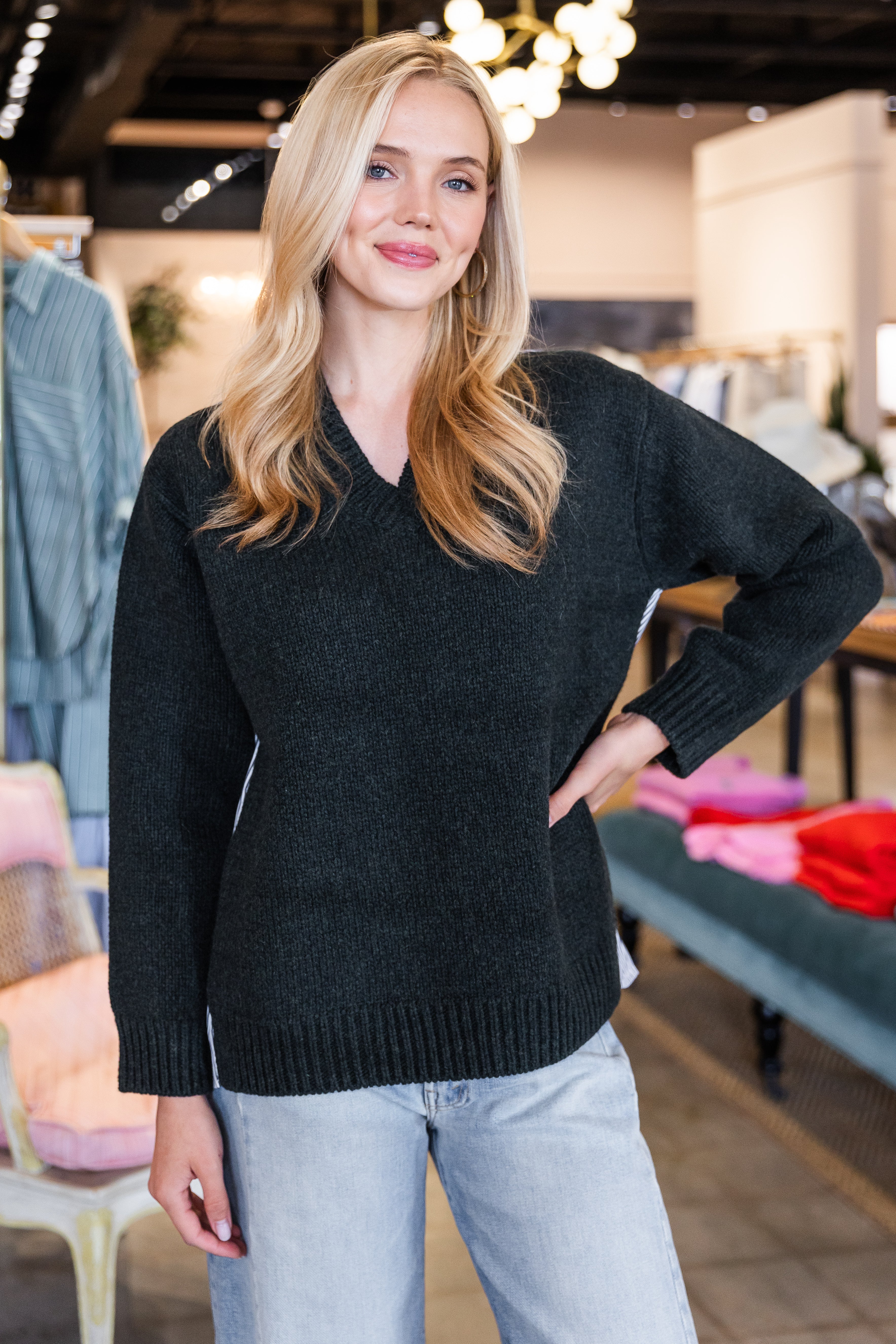 Mallory V-Neck Combo Sweater - Forest