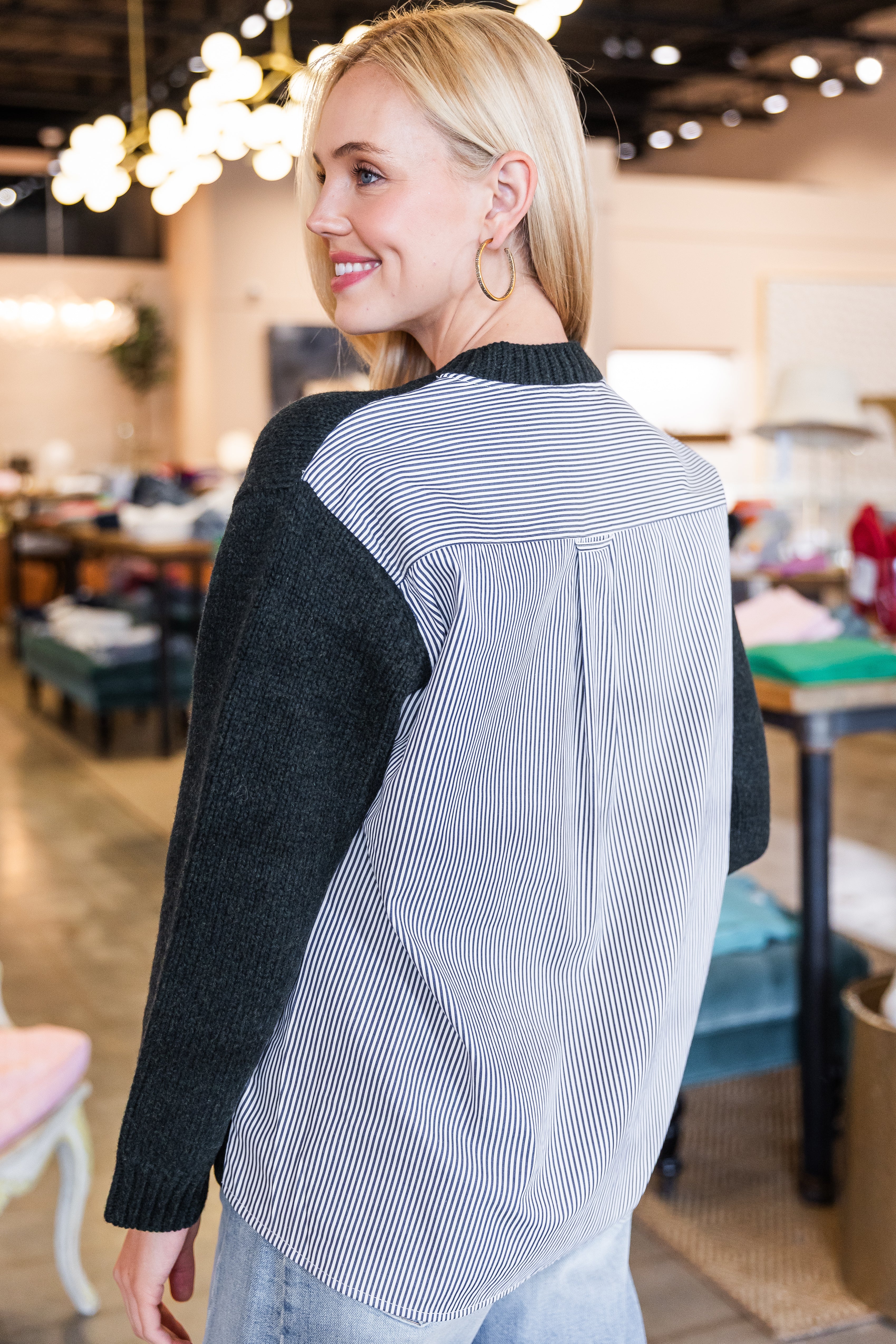 Mallory V-Neck Combo Sweater - Forest