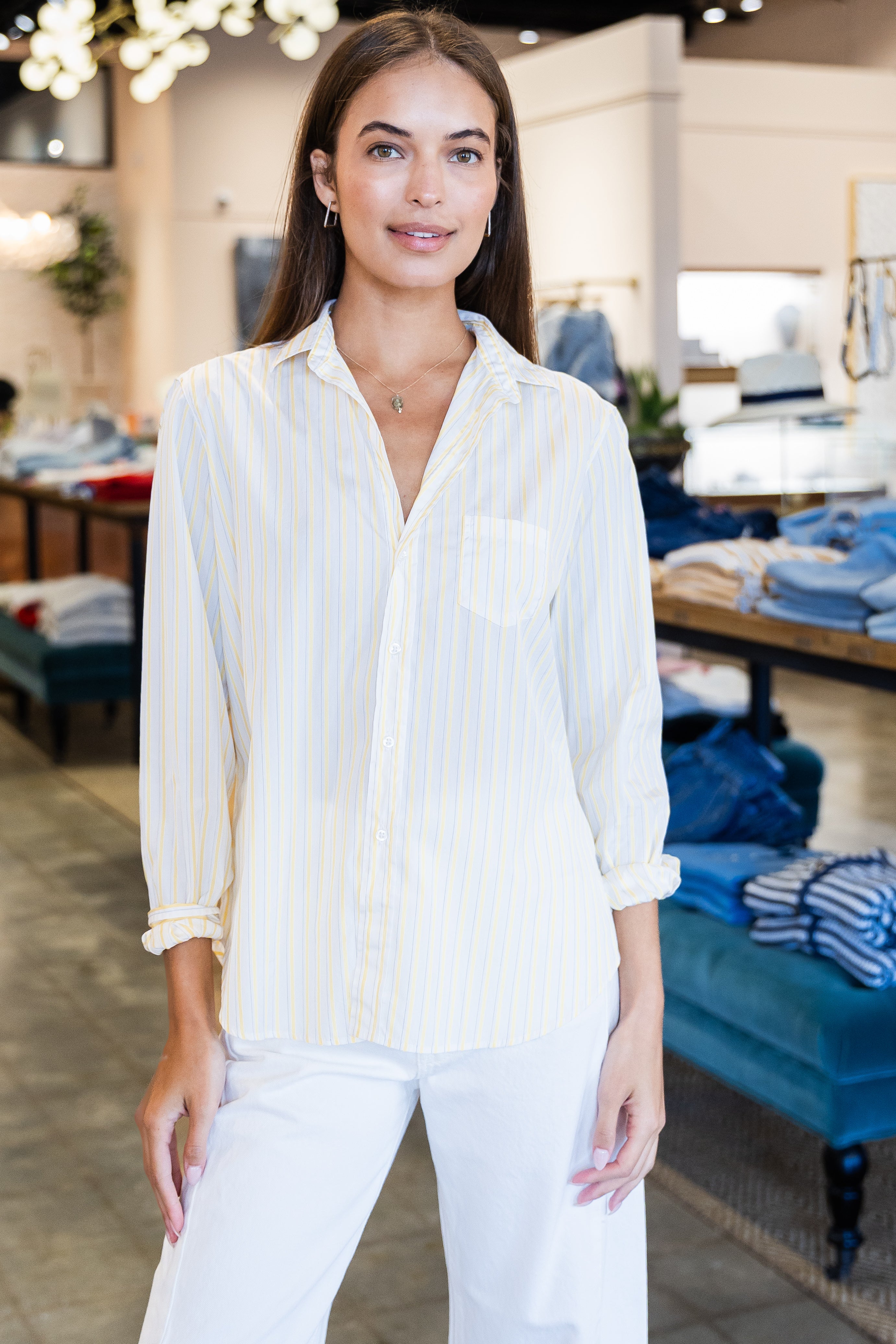 Eileen - Yellow Thin Navy Stripe