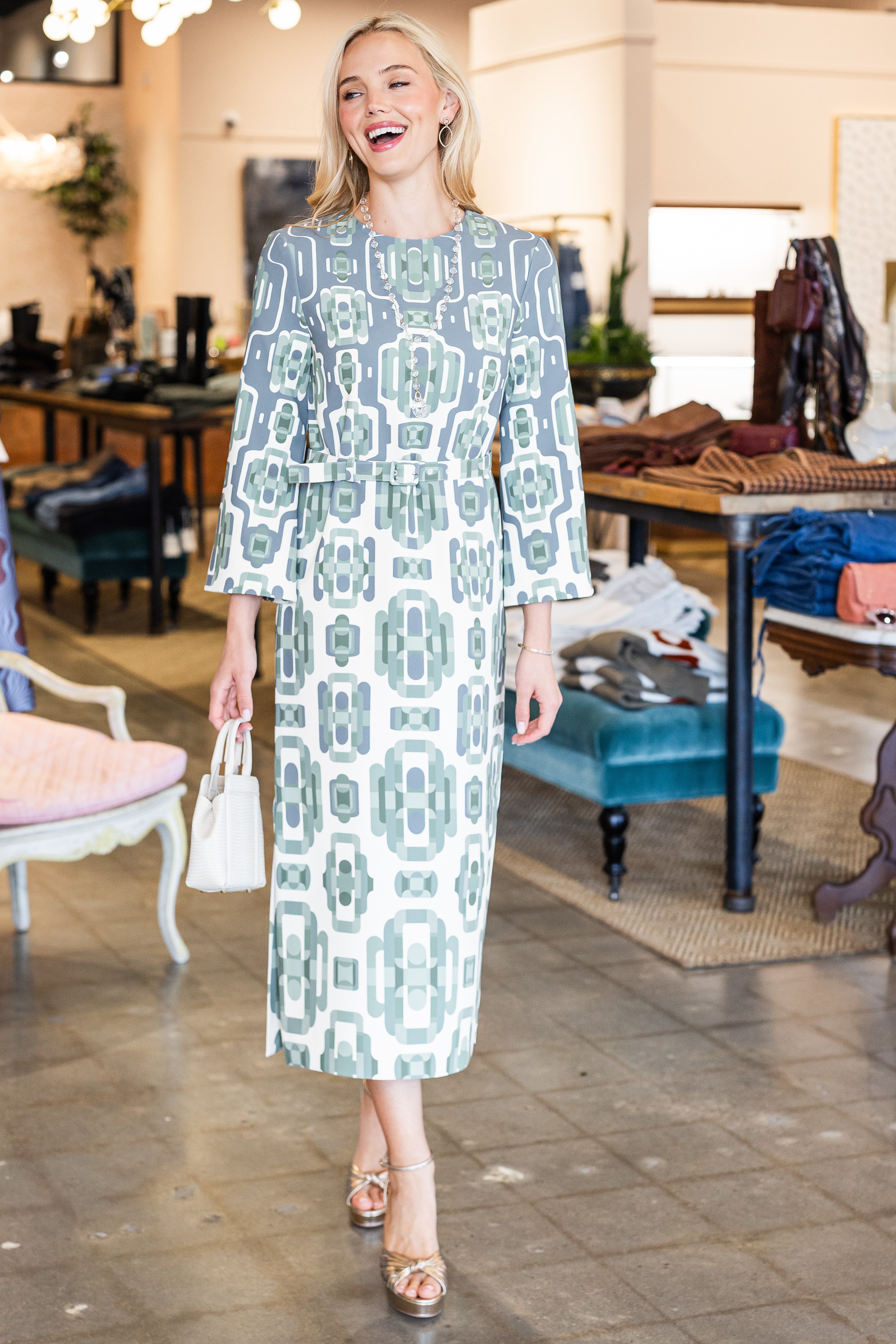 Larissa Dress - Blue/Sage Print