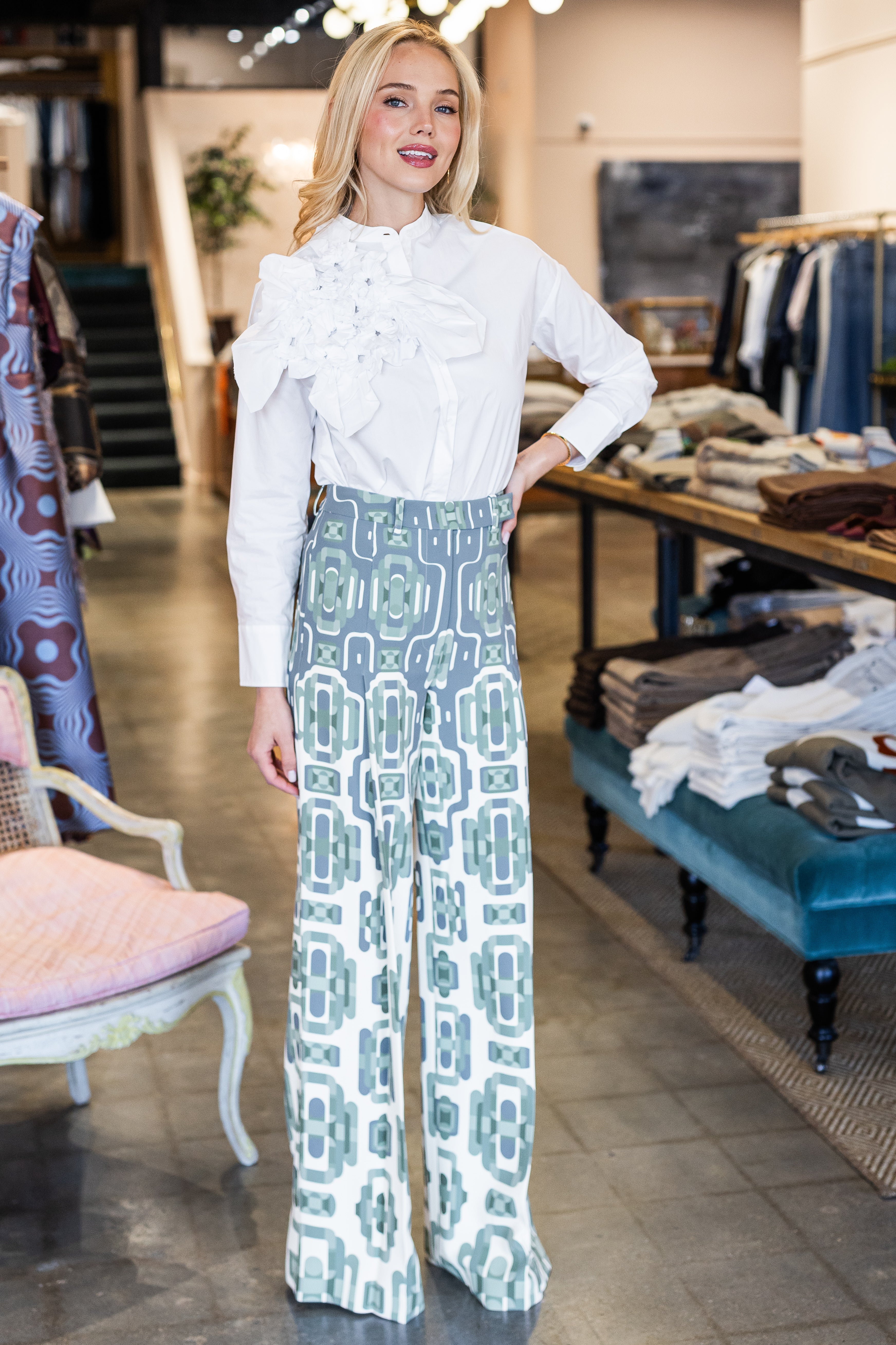 Salerno Pant - Blue/Sage Print