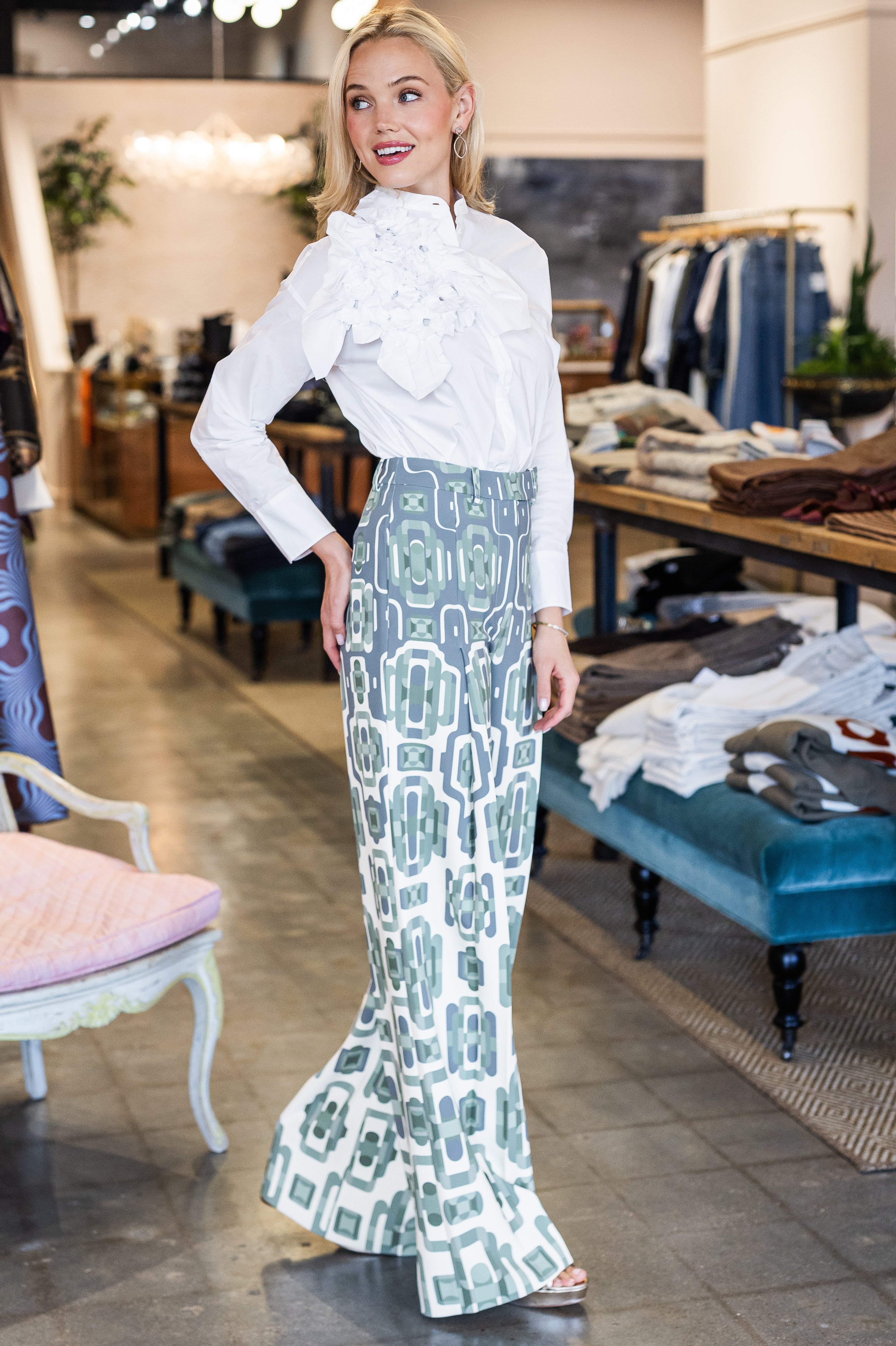 Salerno Pant - Blue/Sage Print