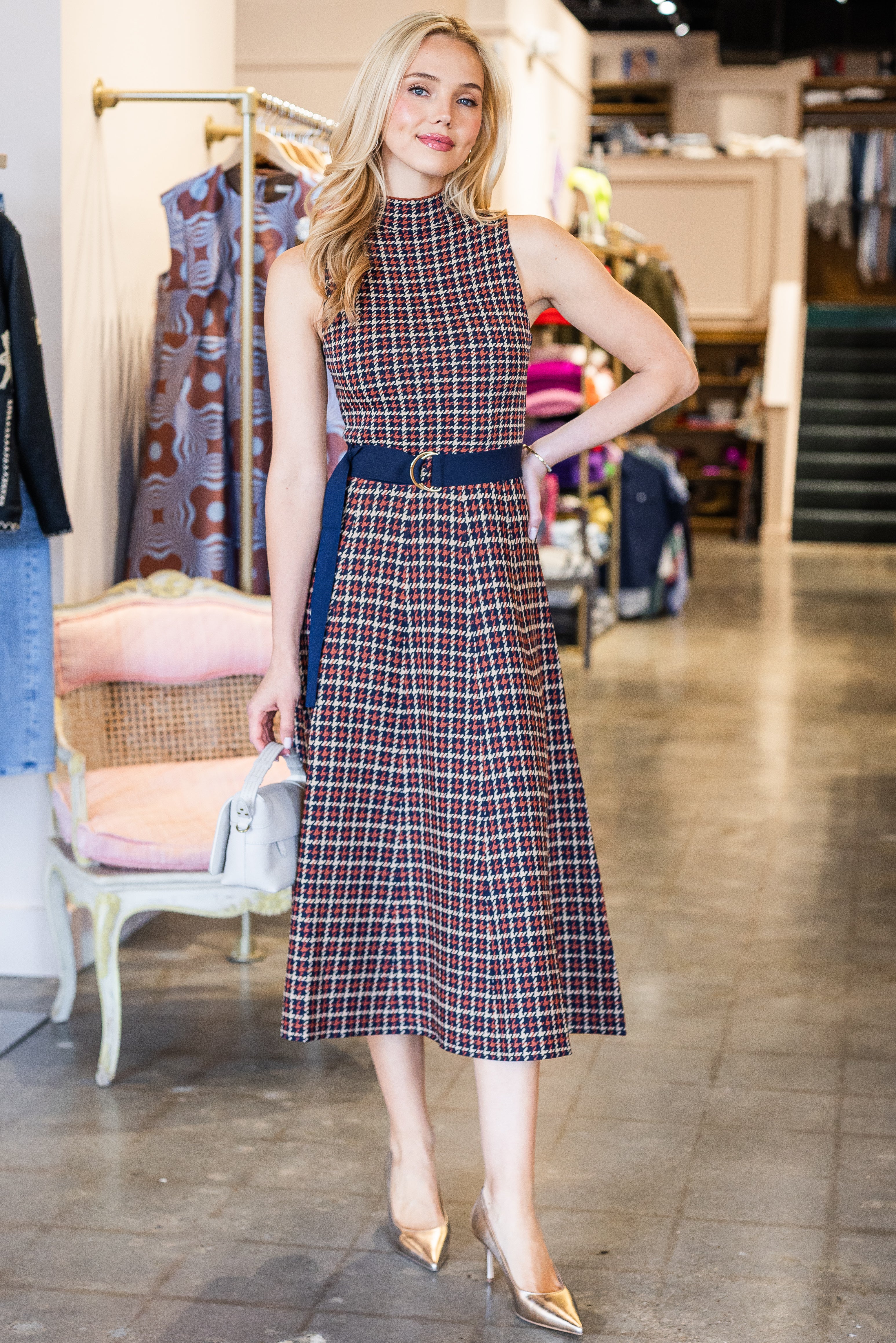 Brice Dress - Navy Mini Check