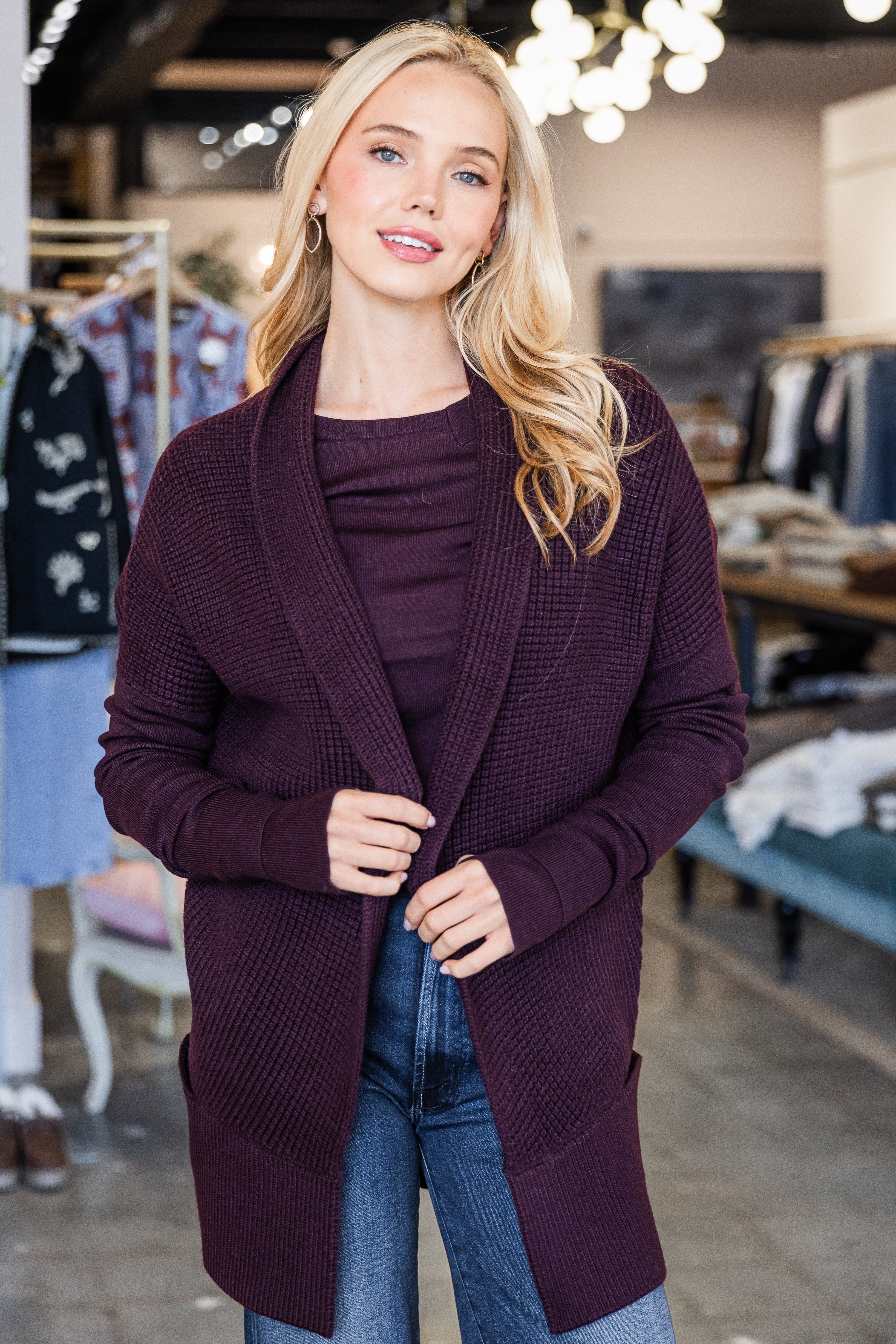 Waffle Stitch Cardigan - Eggplant