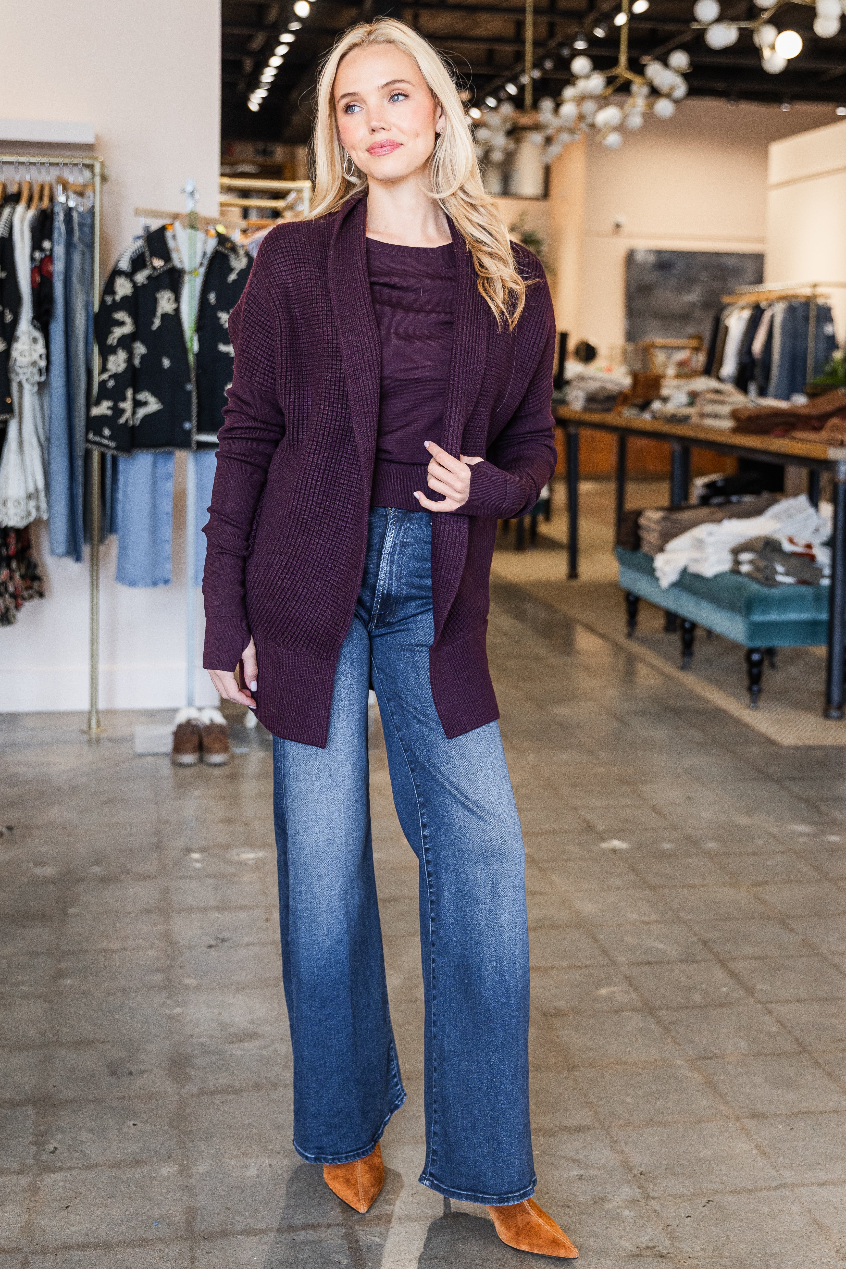 Waffle Stitch Cardigan - Eggplant