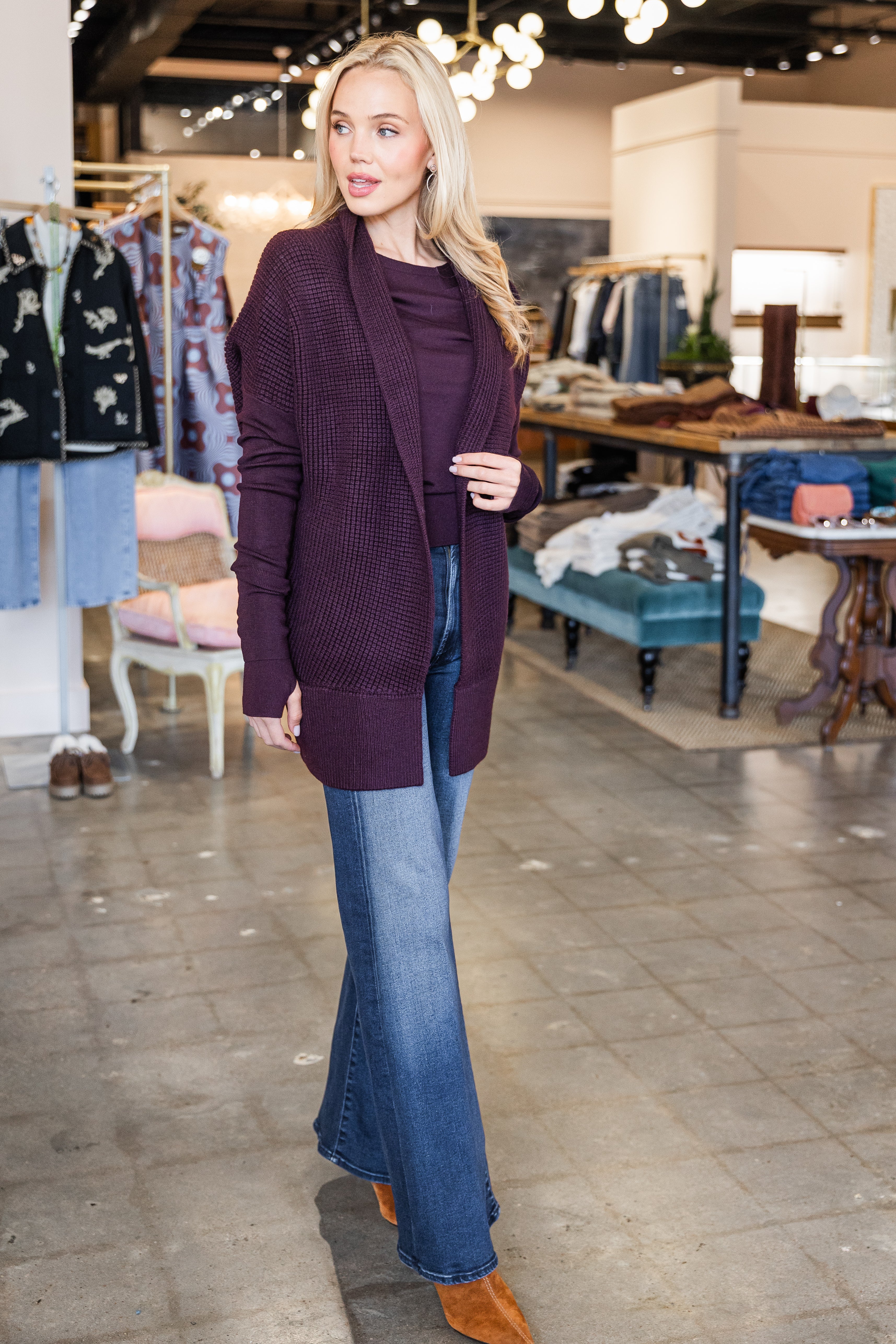 Waffle Stitch Cardigan - Eggplant