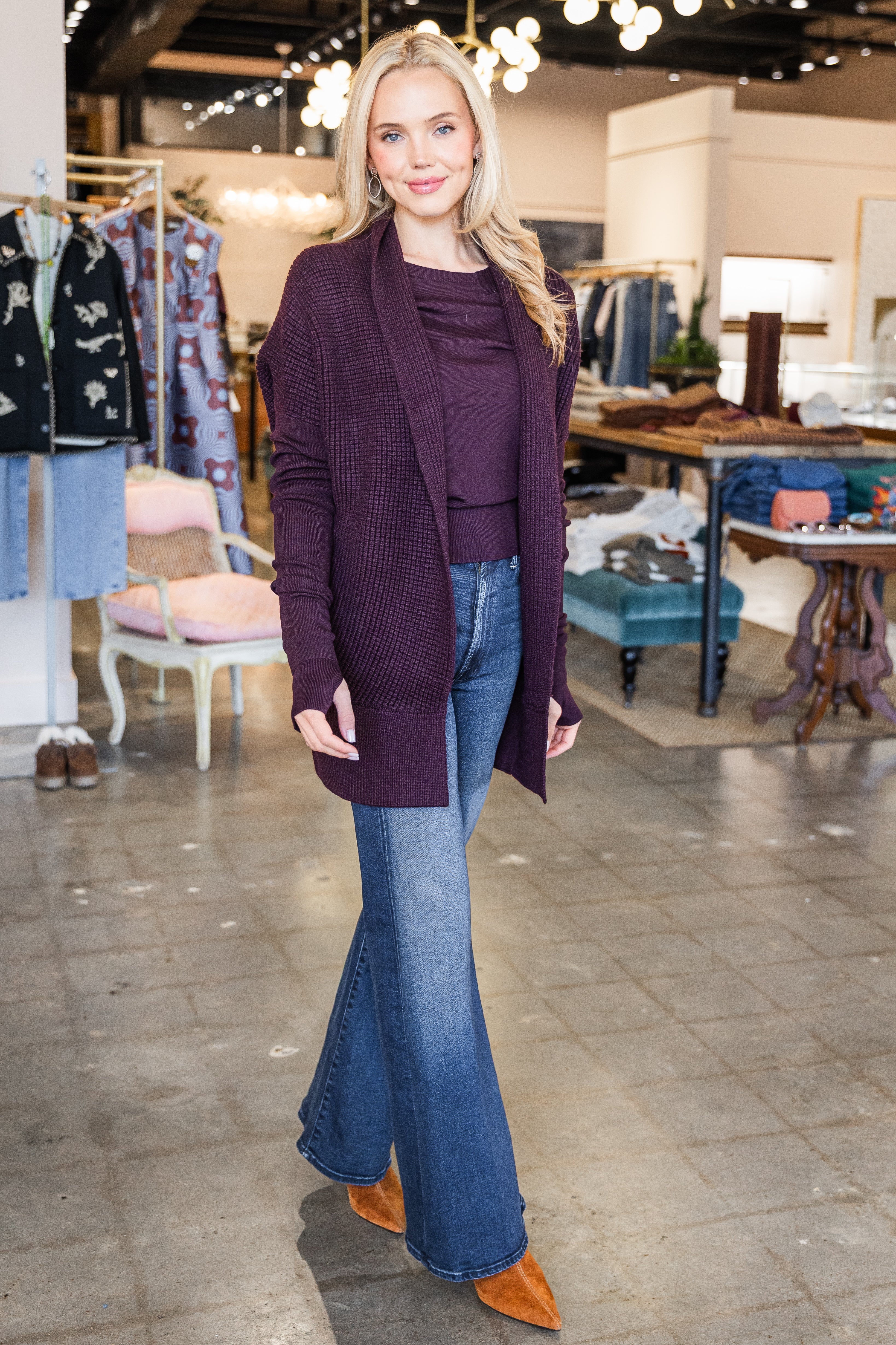 Waffle Stitch Cardigan - Eggplant