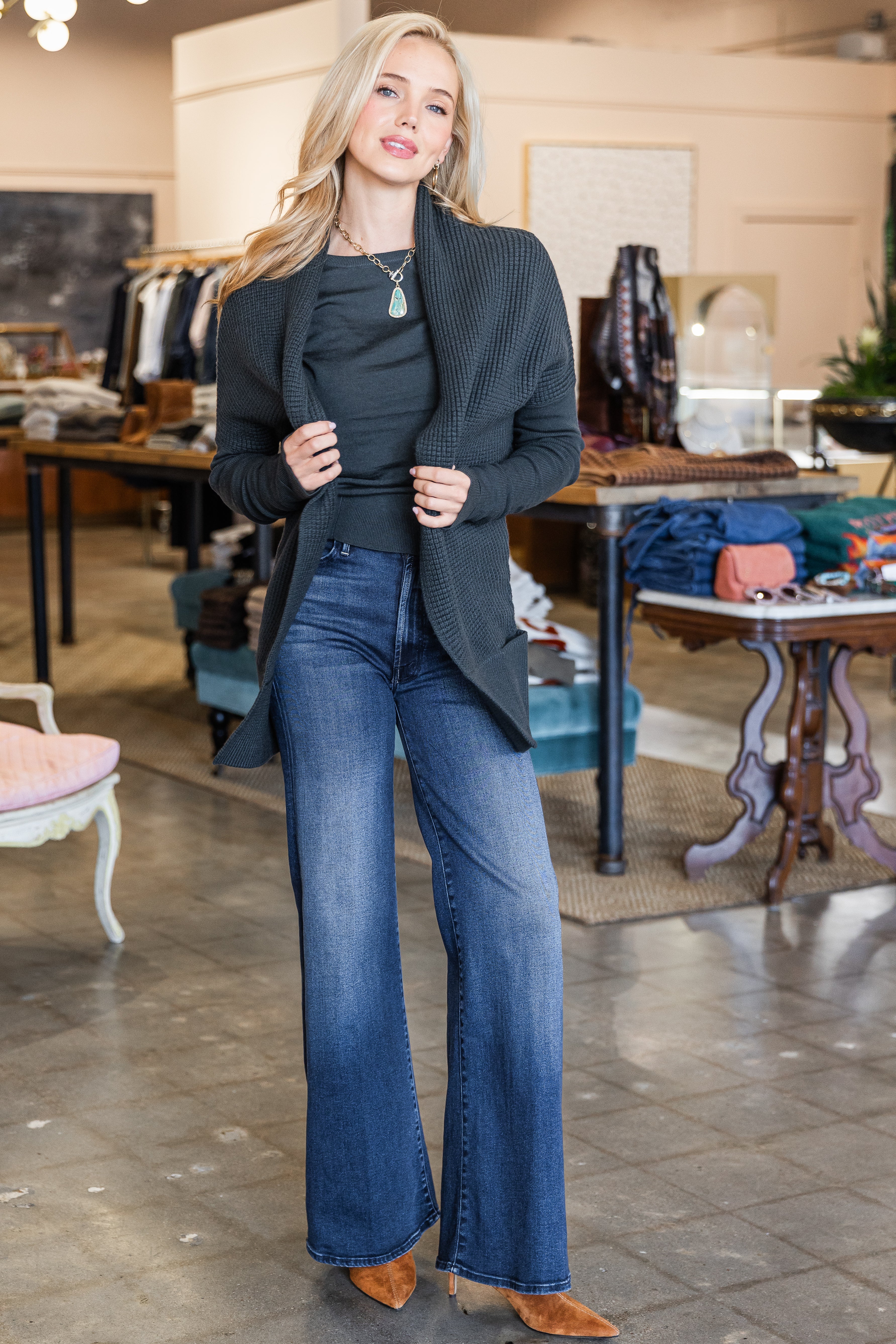 Waffle Stitch Cardigan - Slate