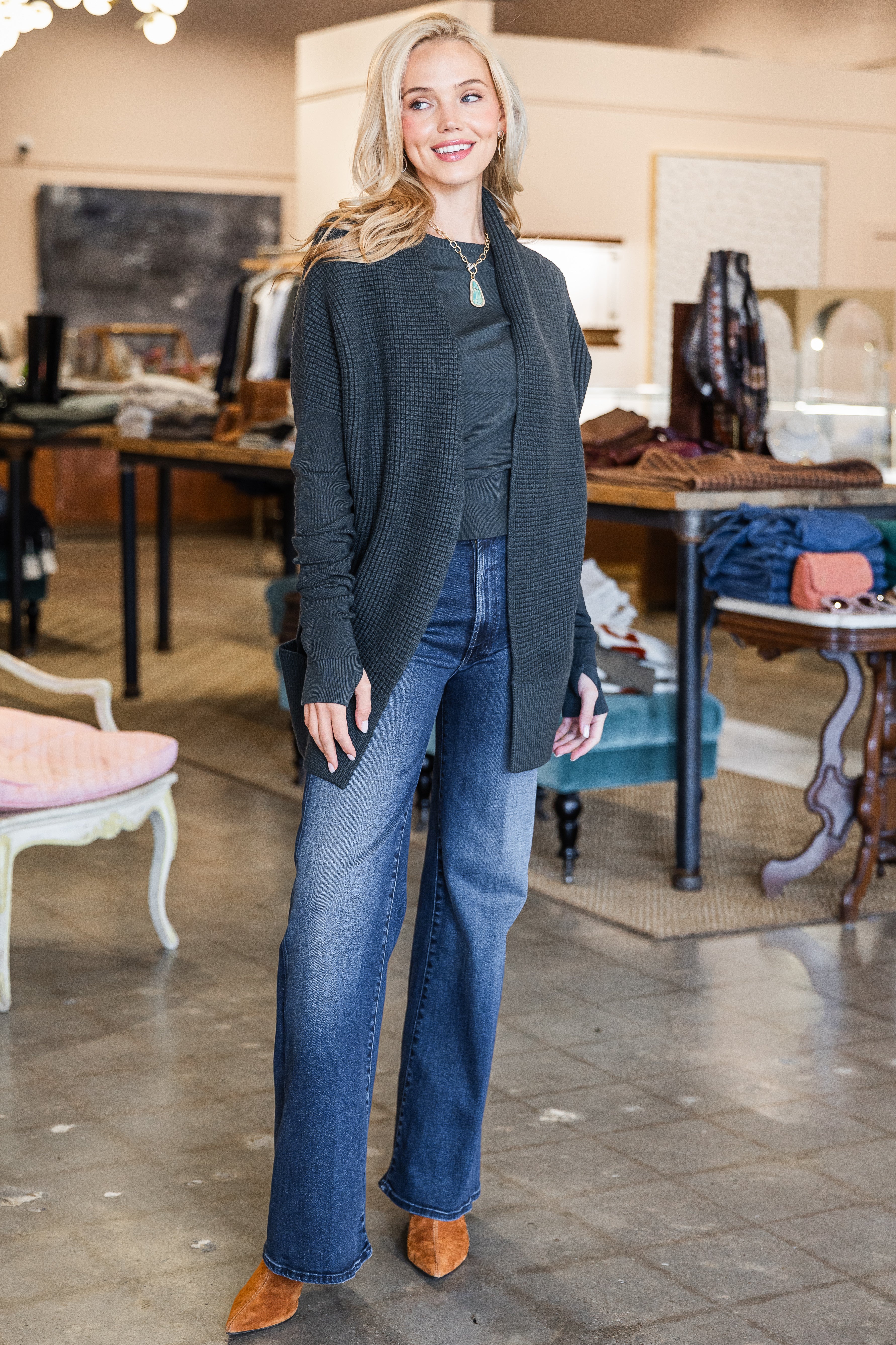 Waffle Stitch Cardigan - Slate