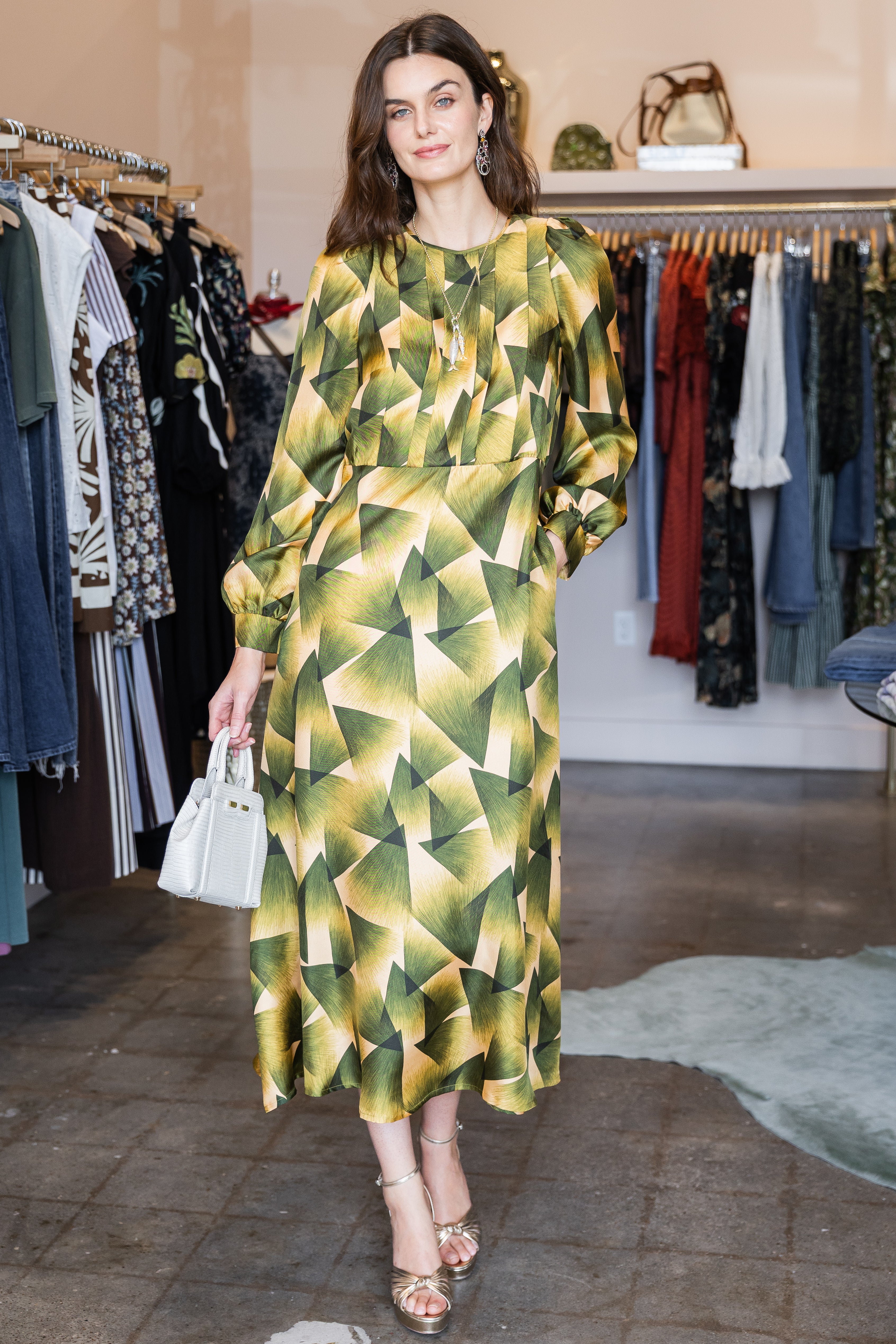 Long Sleeve Print Midi Dress - Jade-Yellow