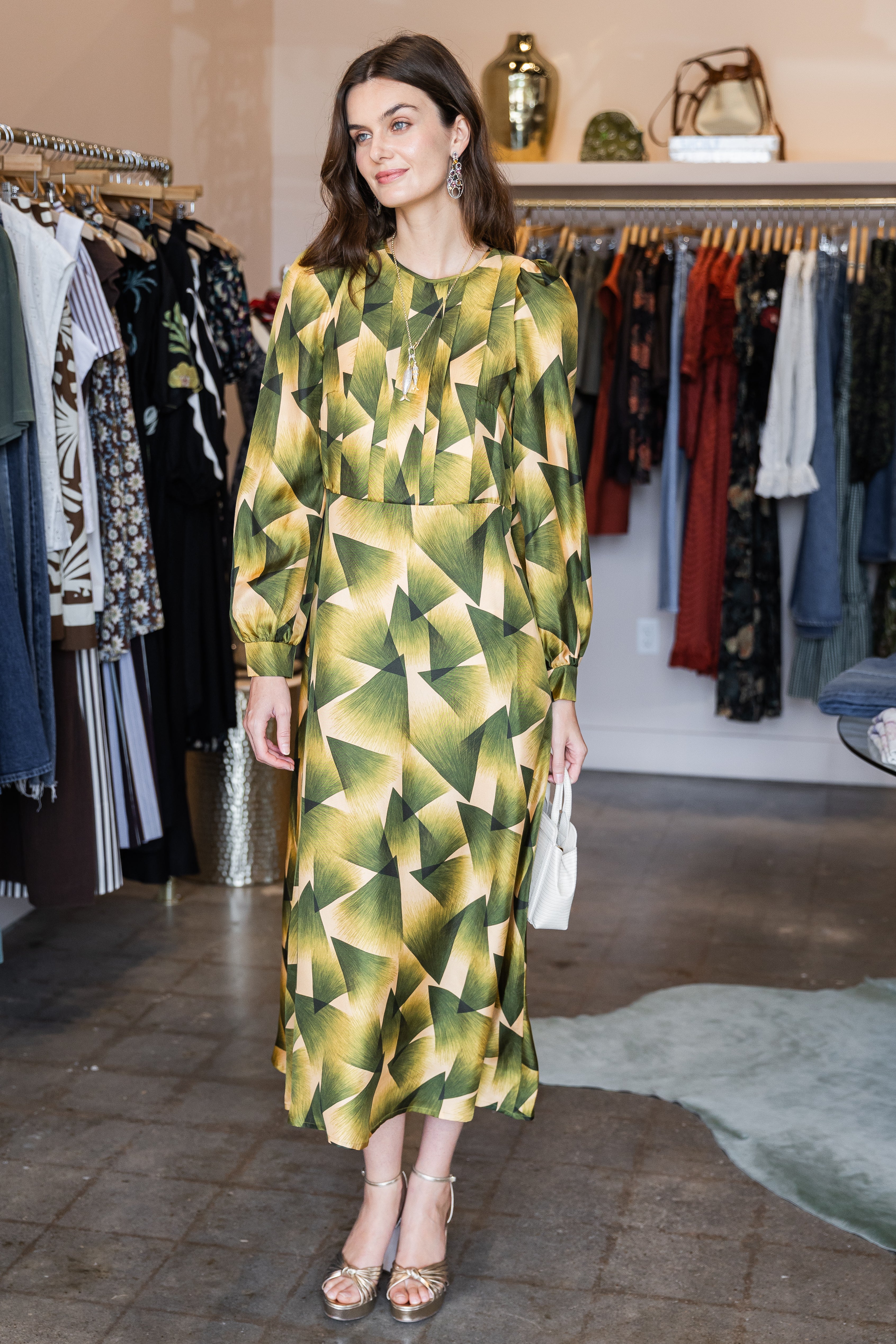 Long Sleeve Print Midi Dress - Jade-Yellow