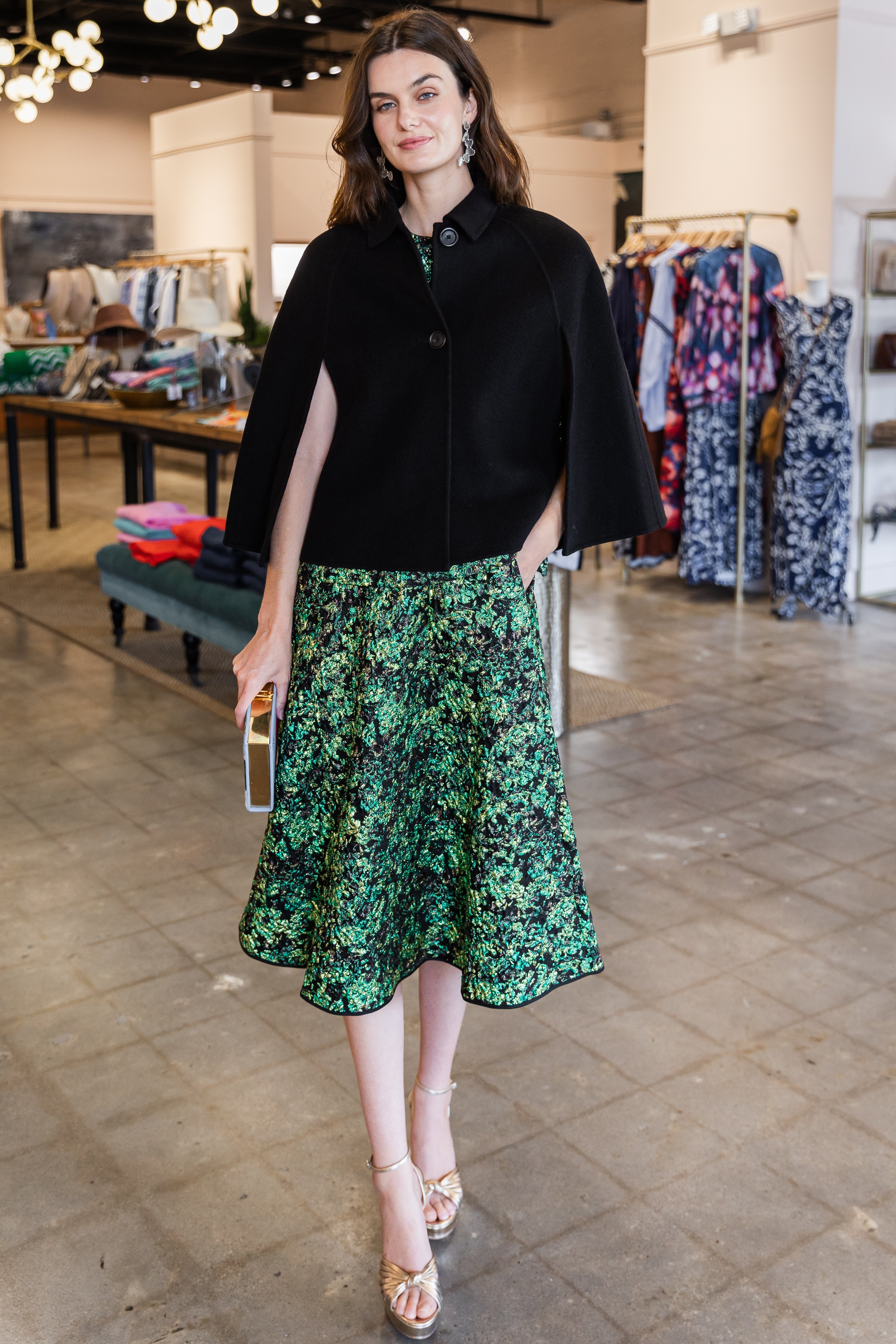 Print Bell Midi Skirt - Peacock Green
