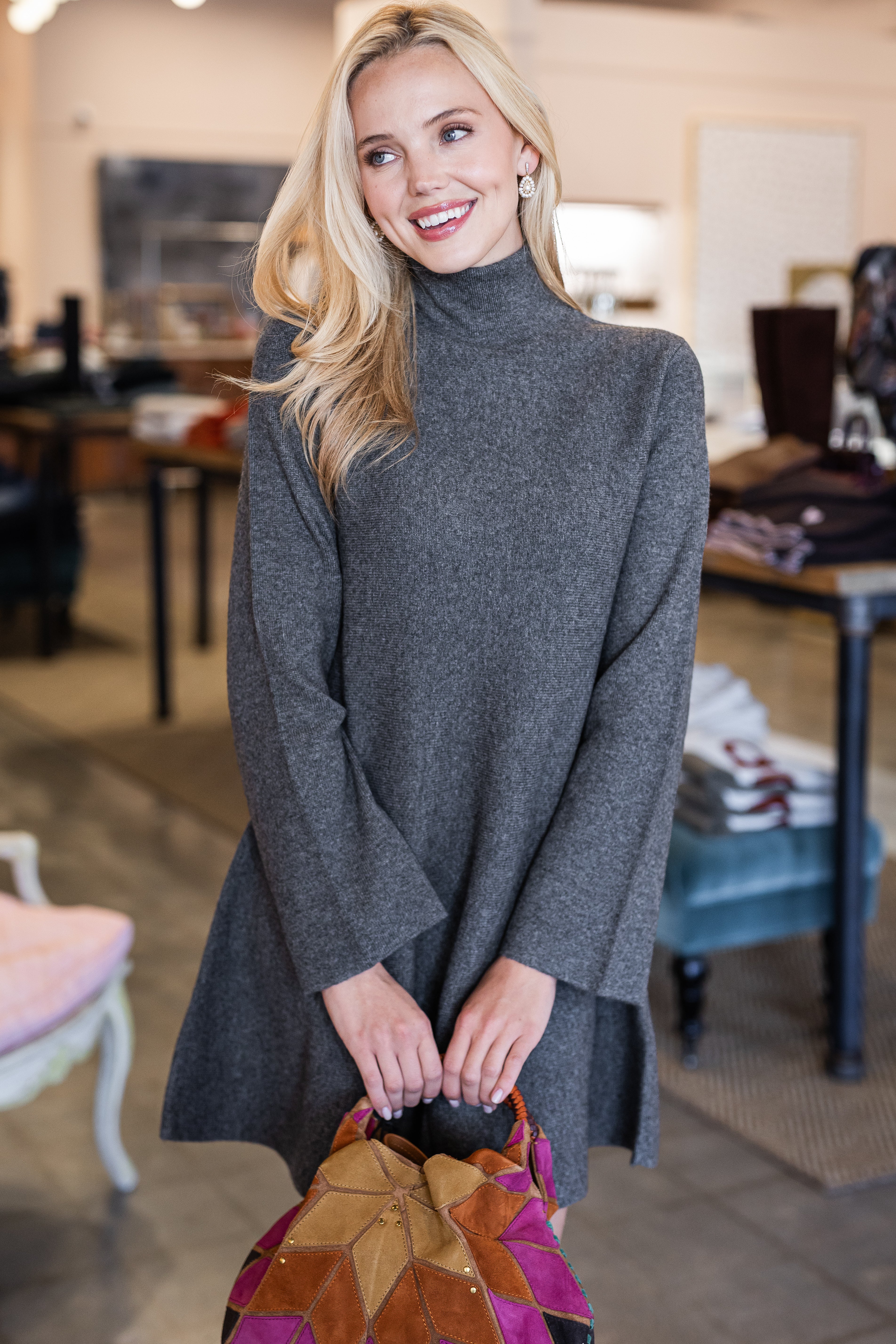 Cashmino Mini Turtleneck Dress - Granite