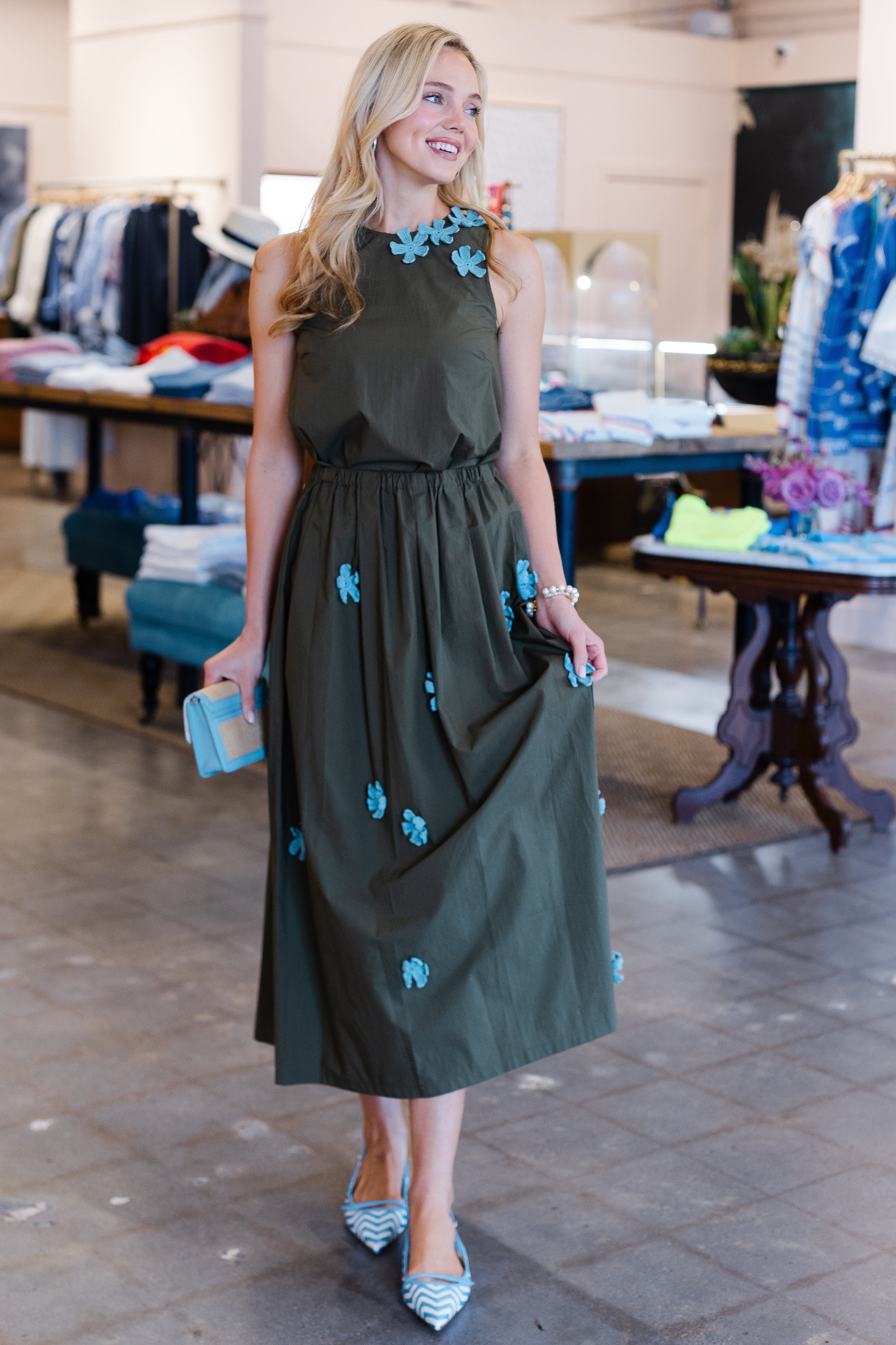 Poplin Floral Skirt - Dark Olive