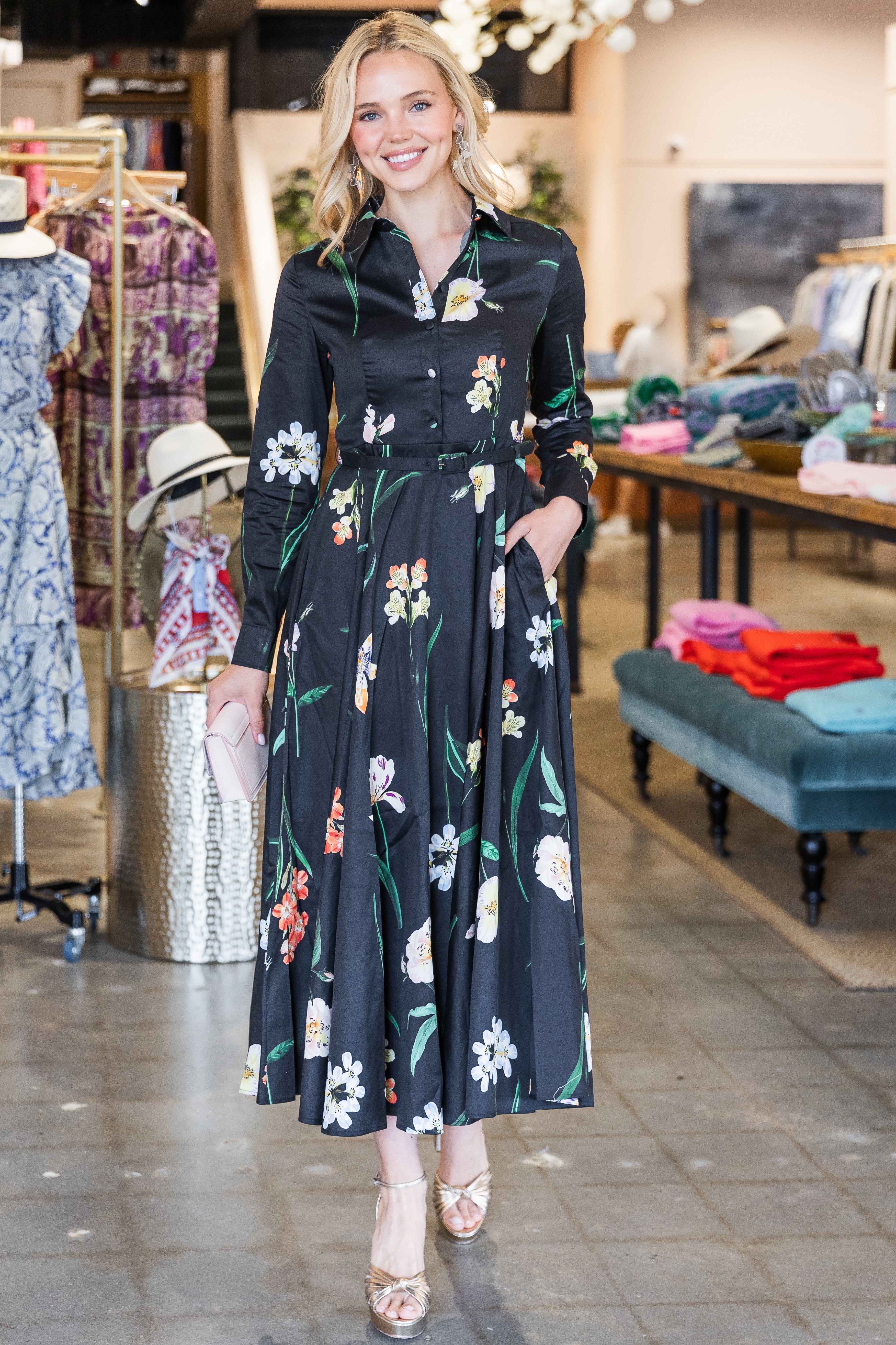 Zara Shirt Midi Dress - Botanical Print in Ebony