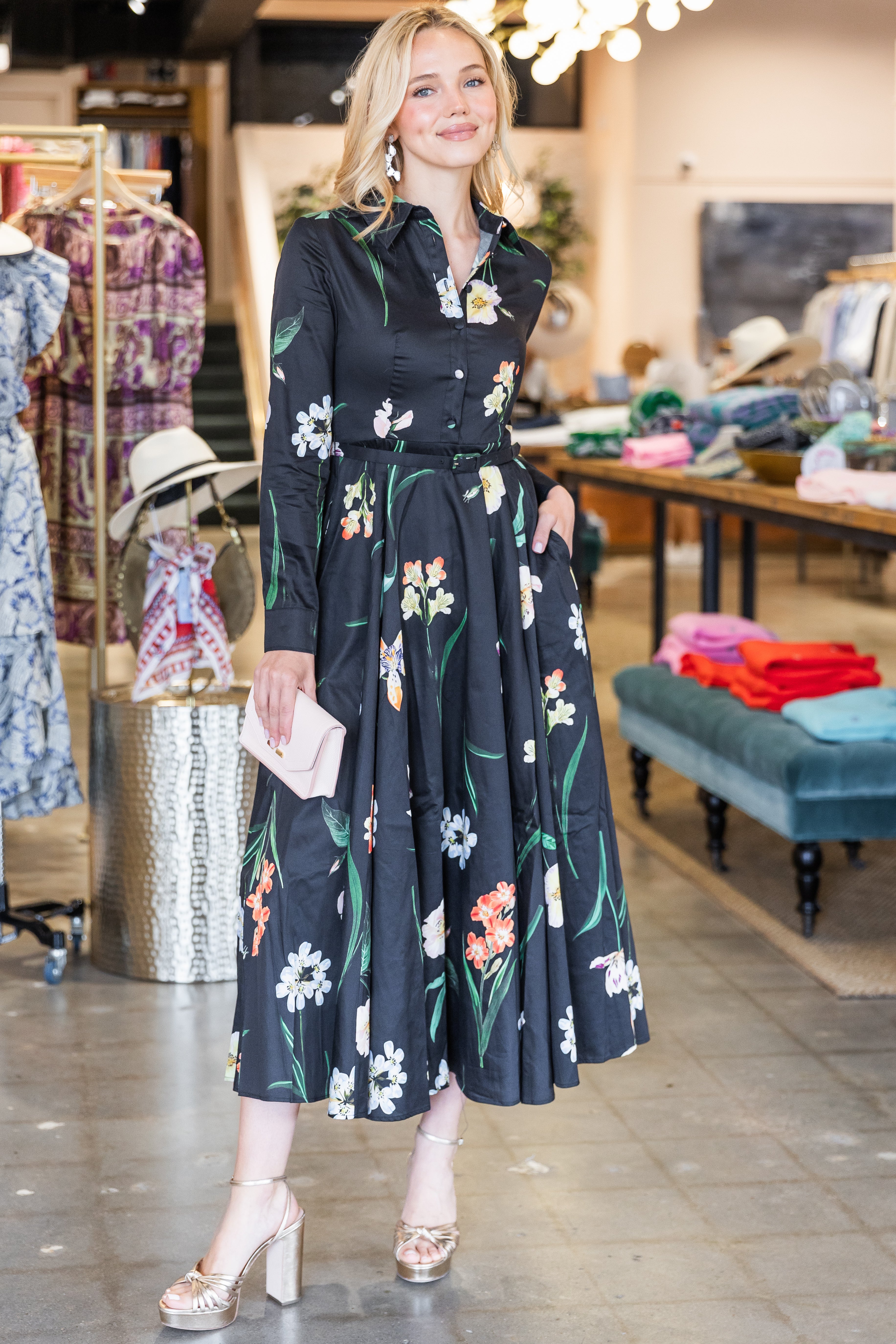 Zara Shirt Midi Dress - Botanical Print in Ebony