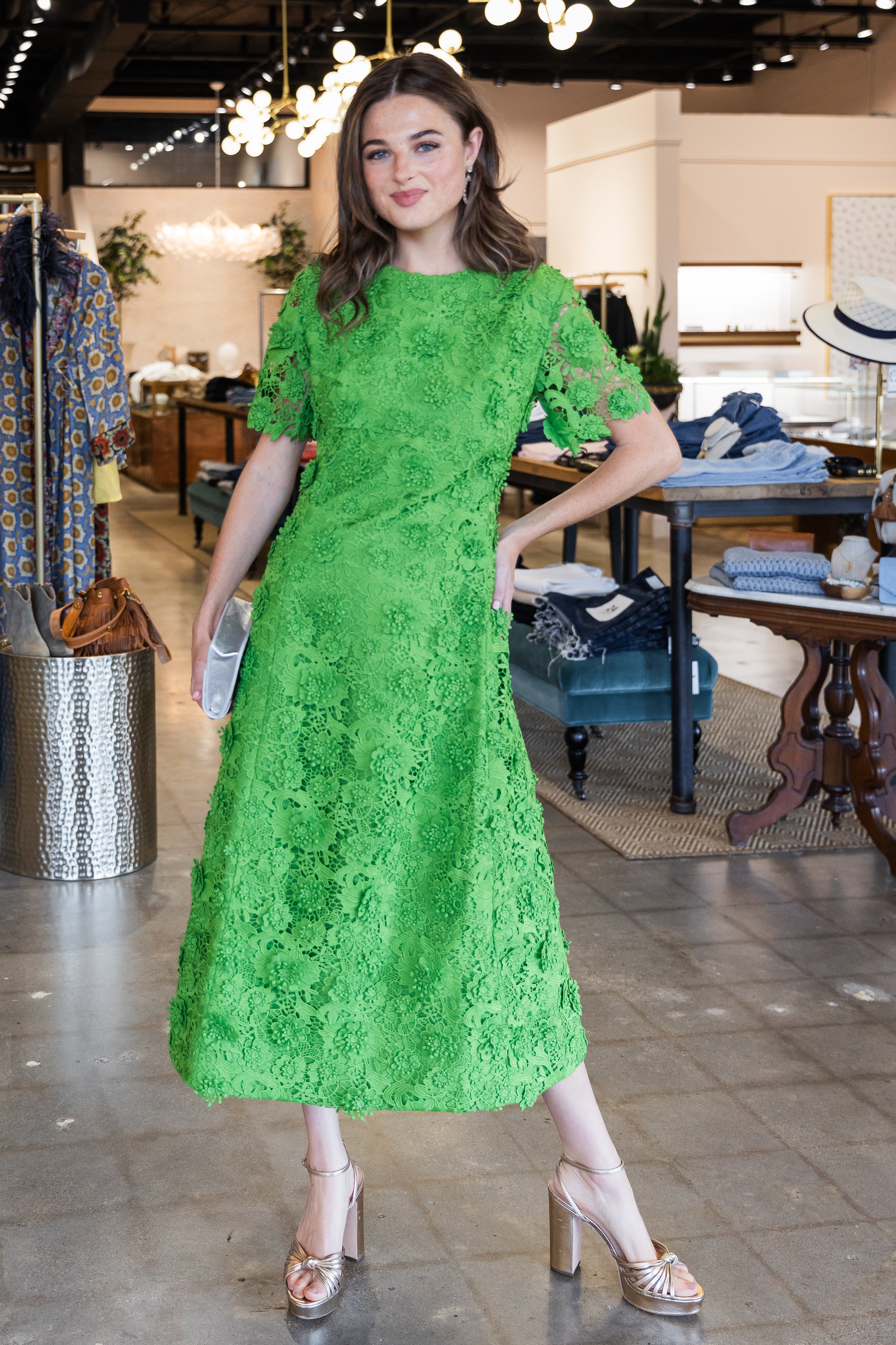 Caroline Lace Short Sleeves Midi Dress - Fern