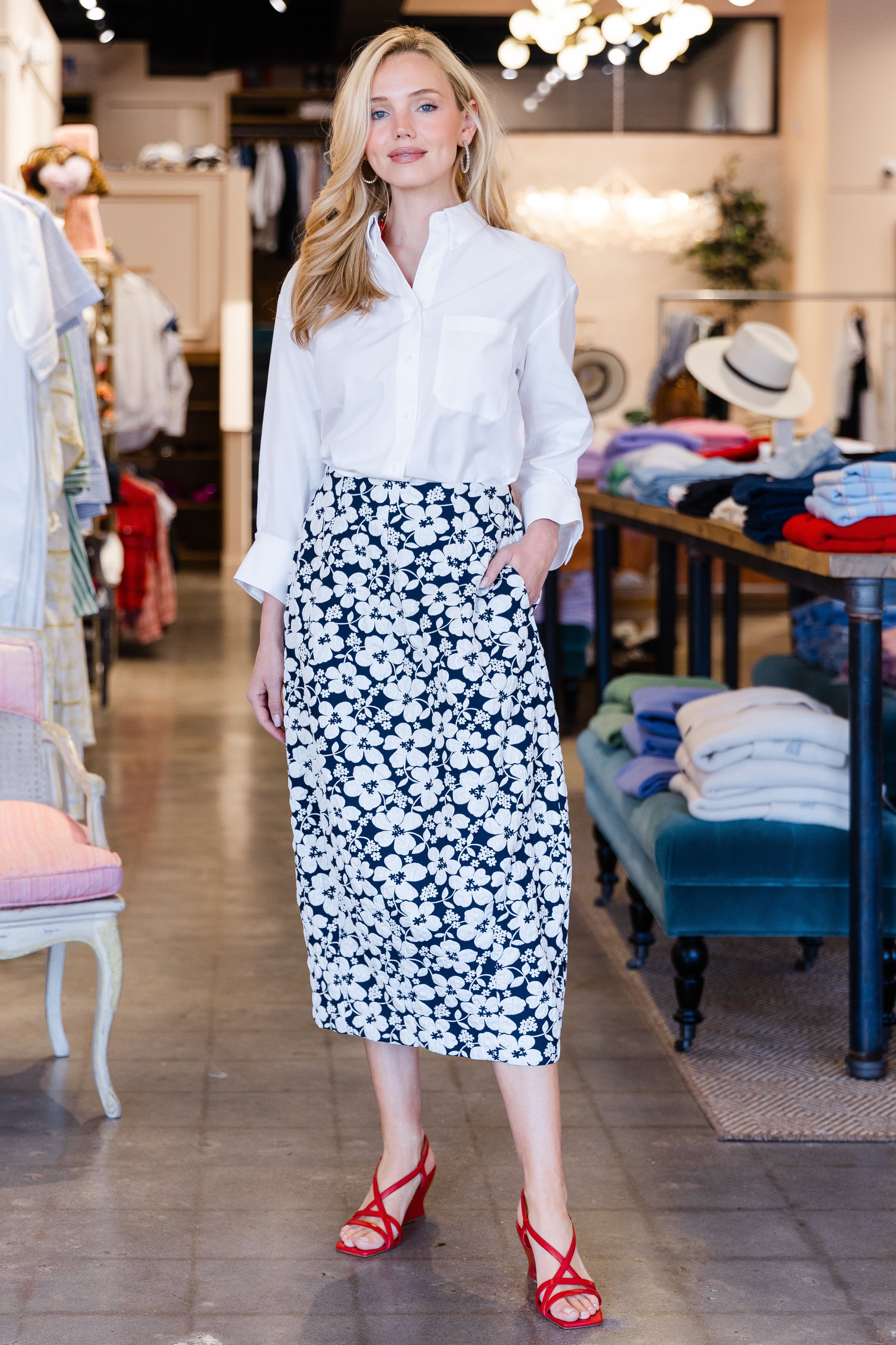 Belle Skirt- Navy/Pearl Floral Matelasse