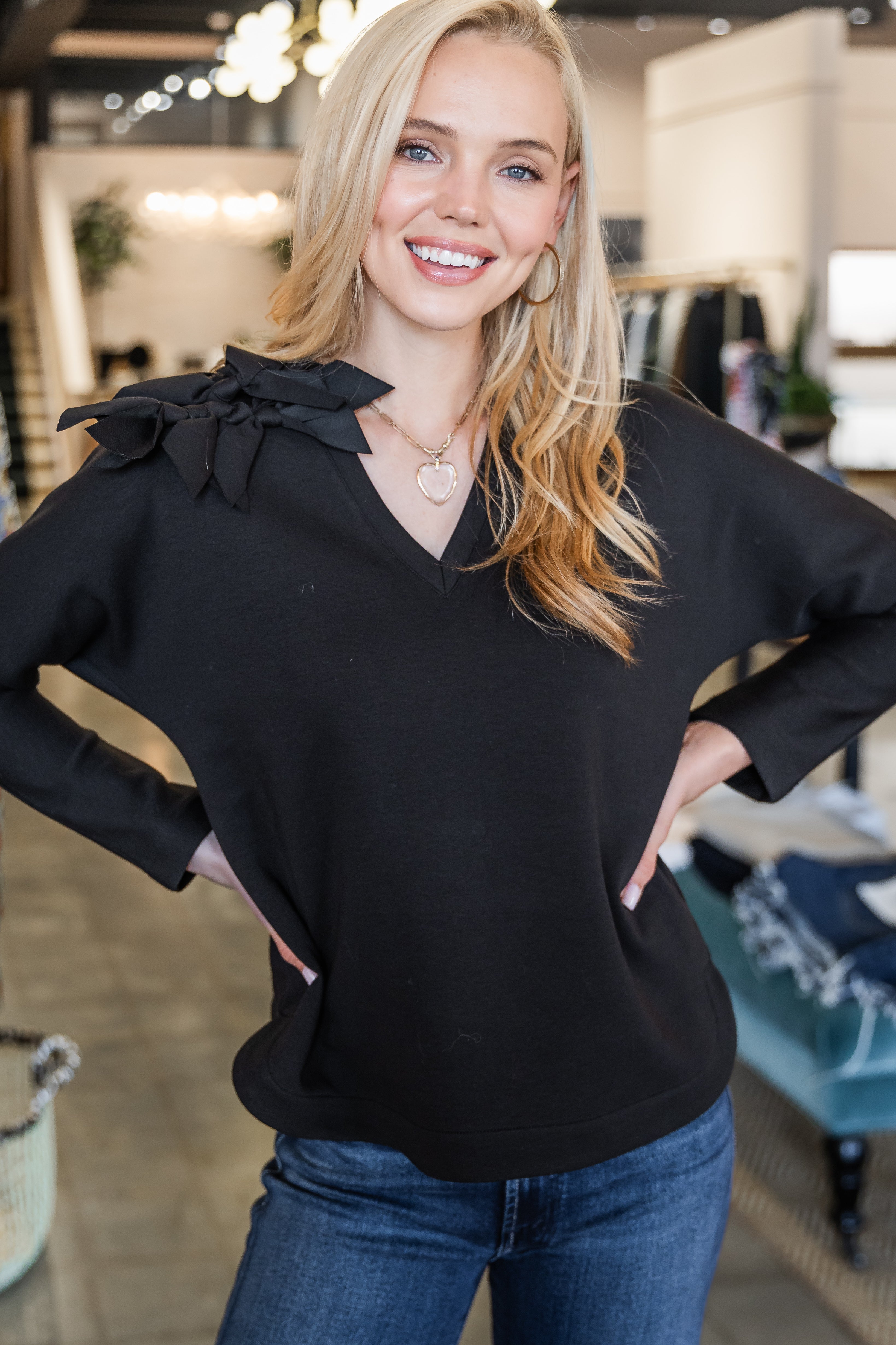 Long Sleeve V-Neck Top - Black