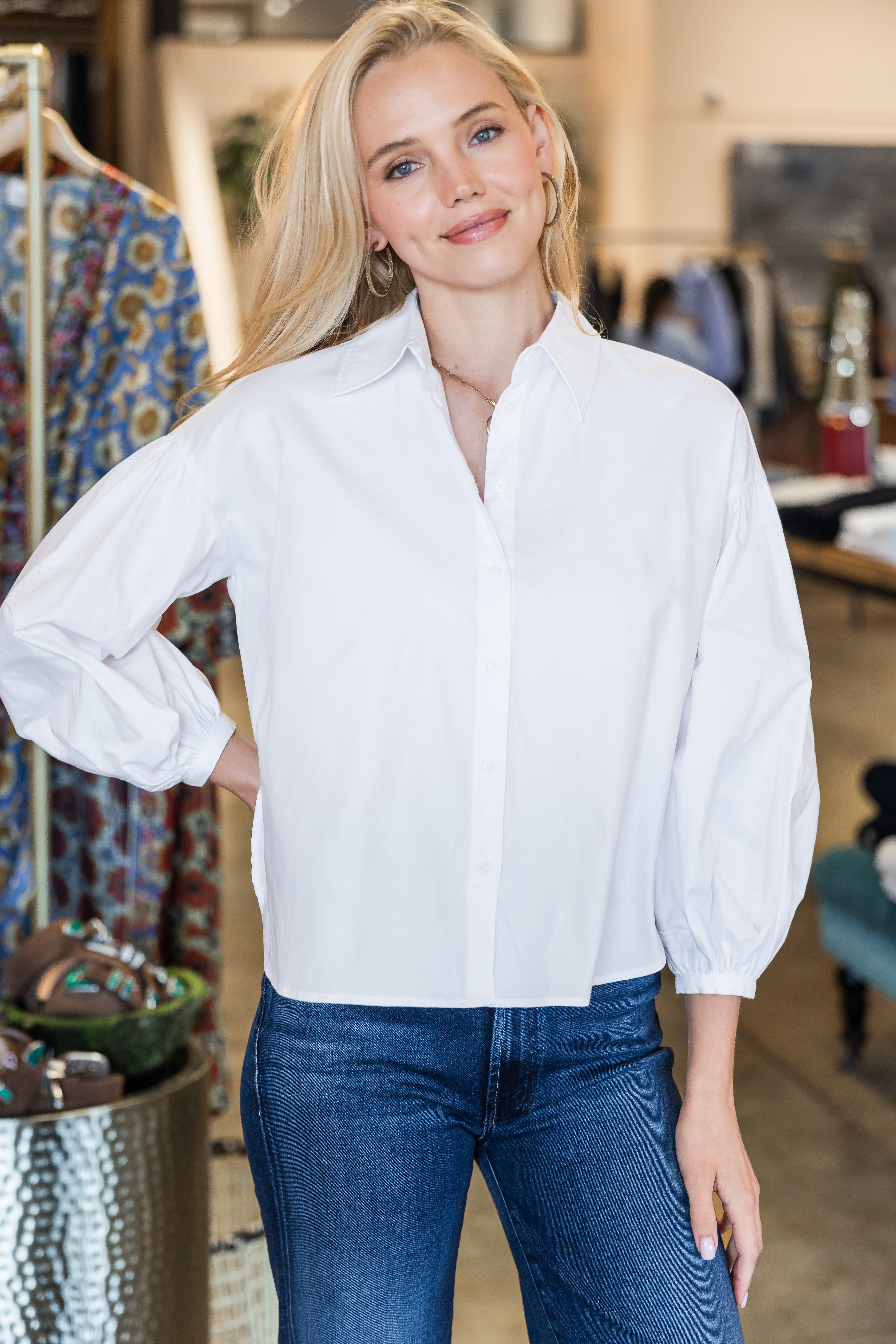 Balloon Sleeve Button Down - White