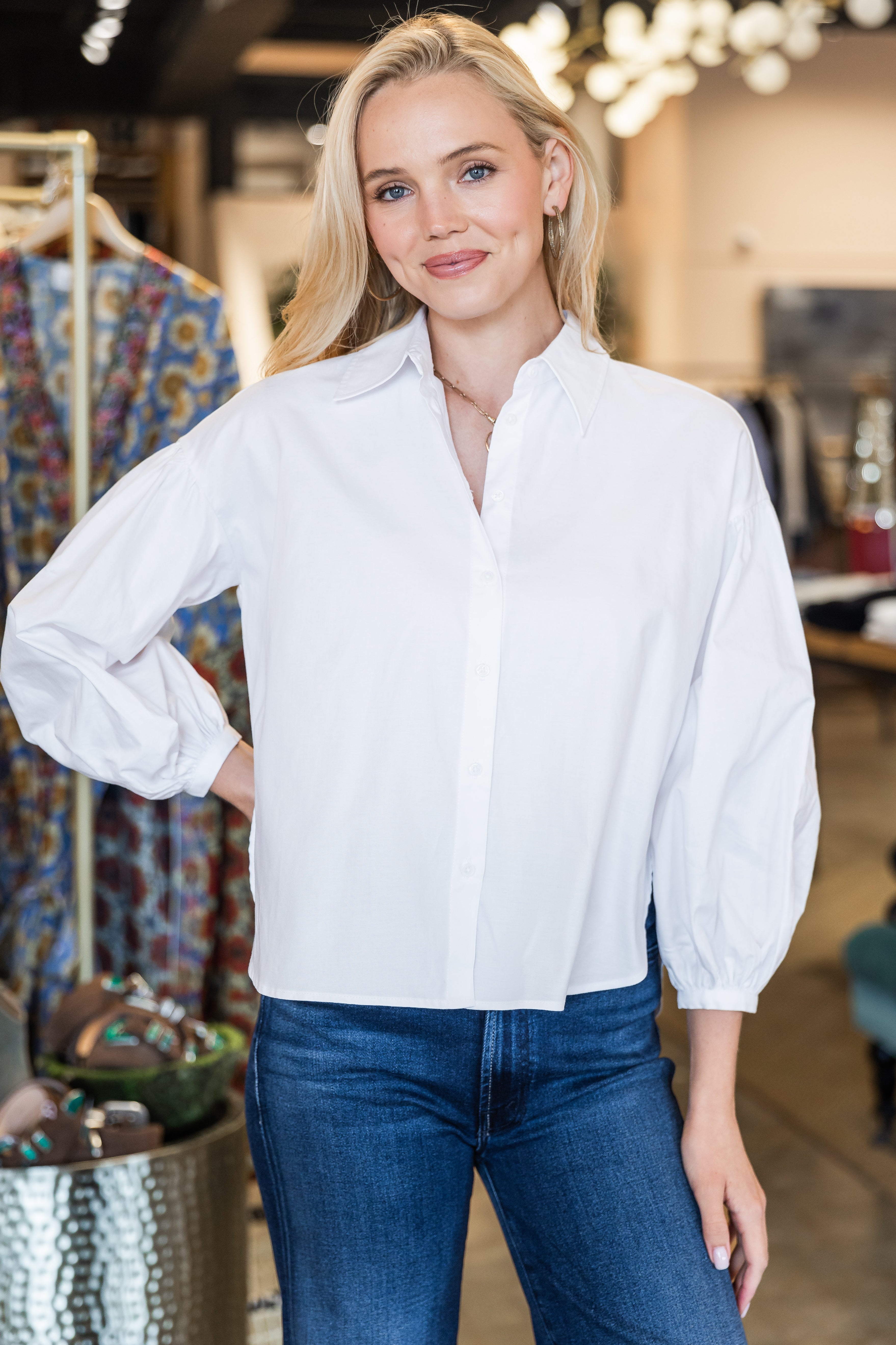 Balloon Sleeve Button Down - White