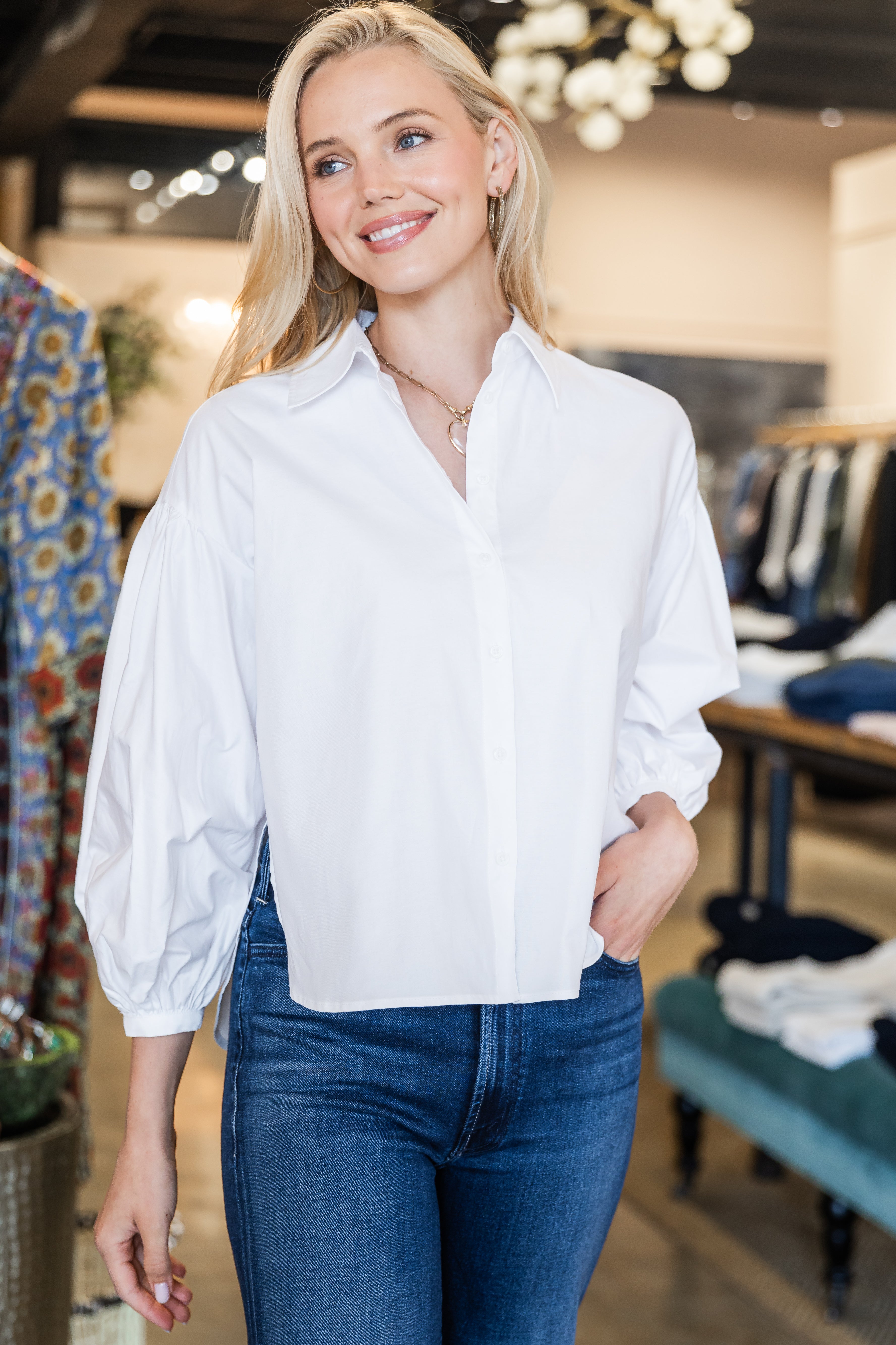 Balloon Sleeve Button Down - White