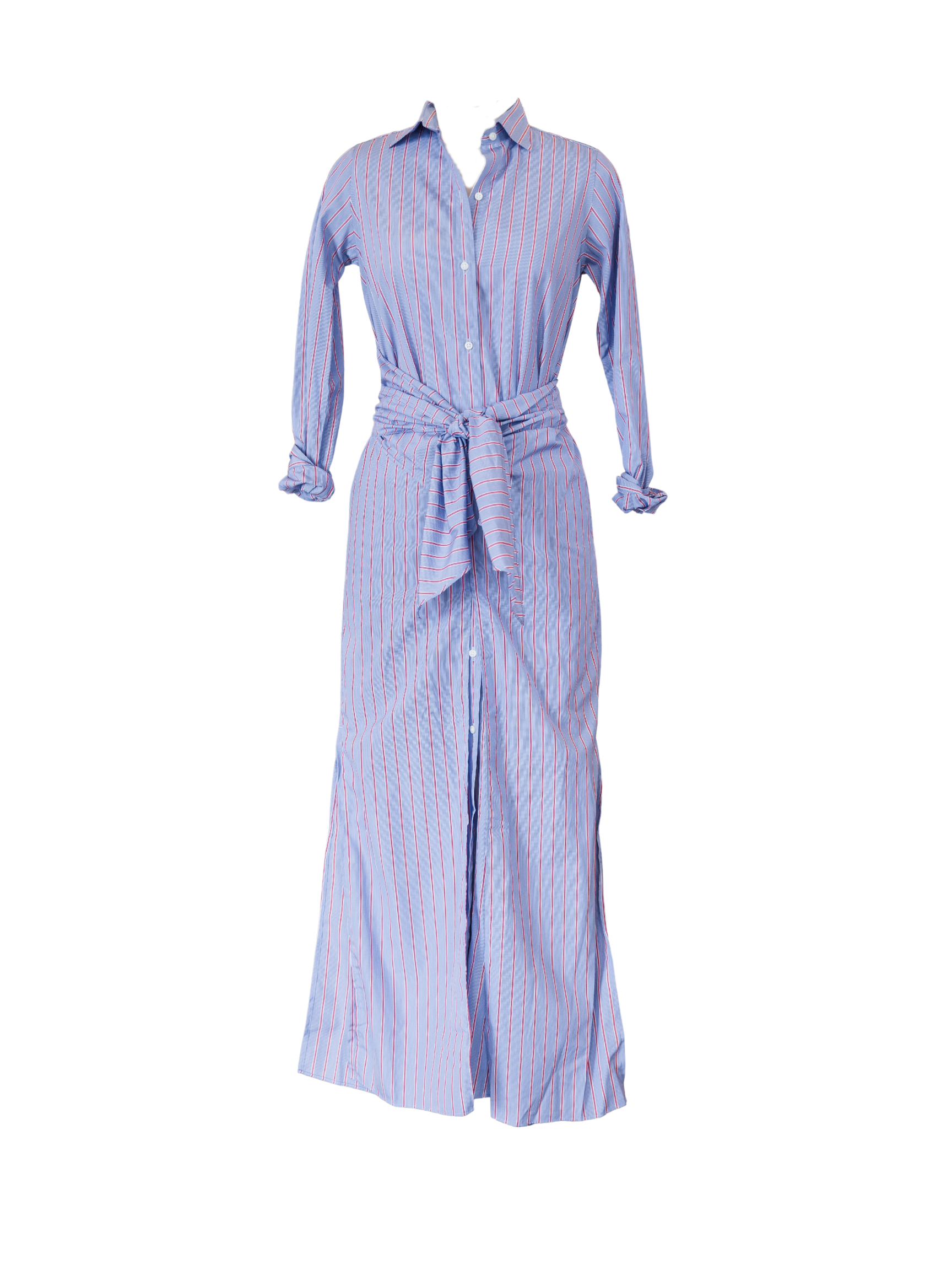 Maxi Tie-Waist Shirtdress - Blue Red Multi Stripe Poplin