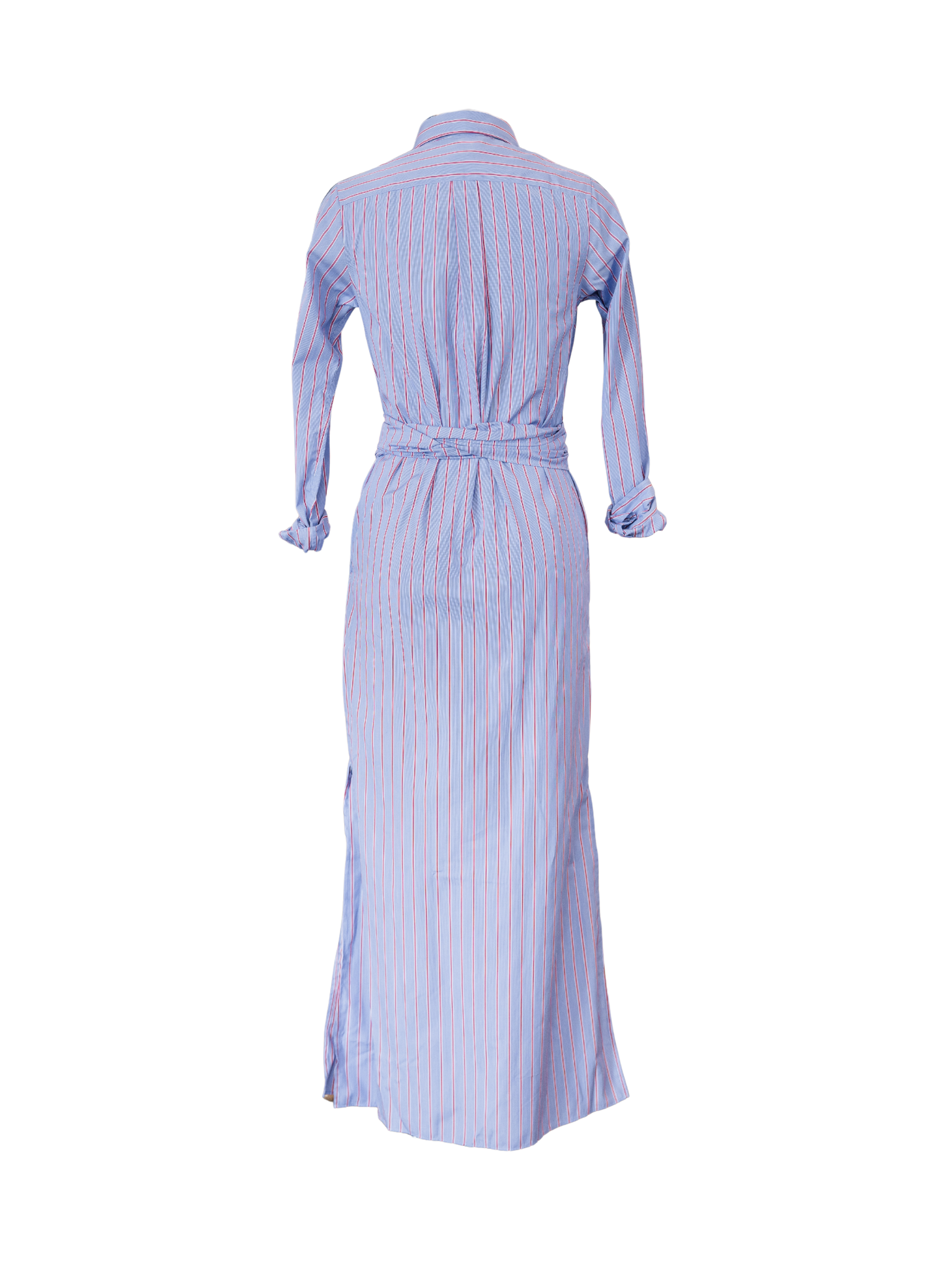Maxi Tie-Waist Shirtdress - Blue Red Multi Stripe Poplin
