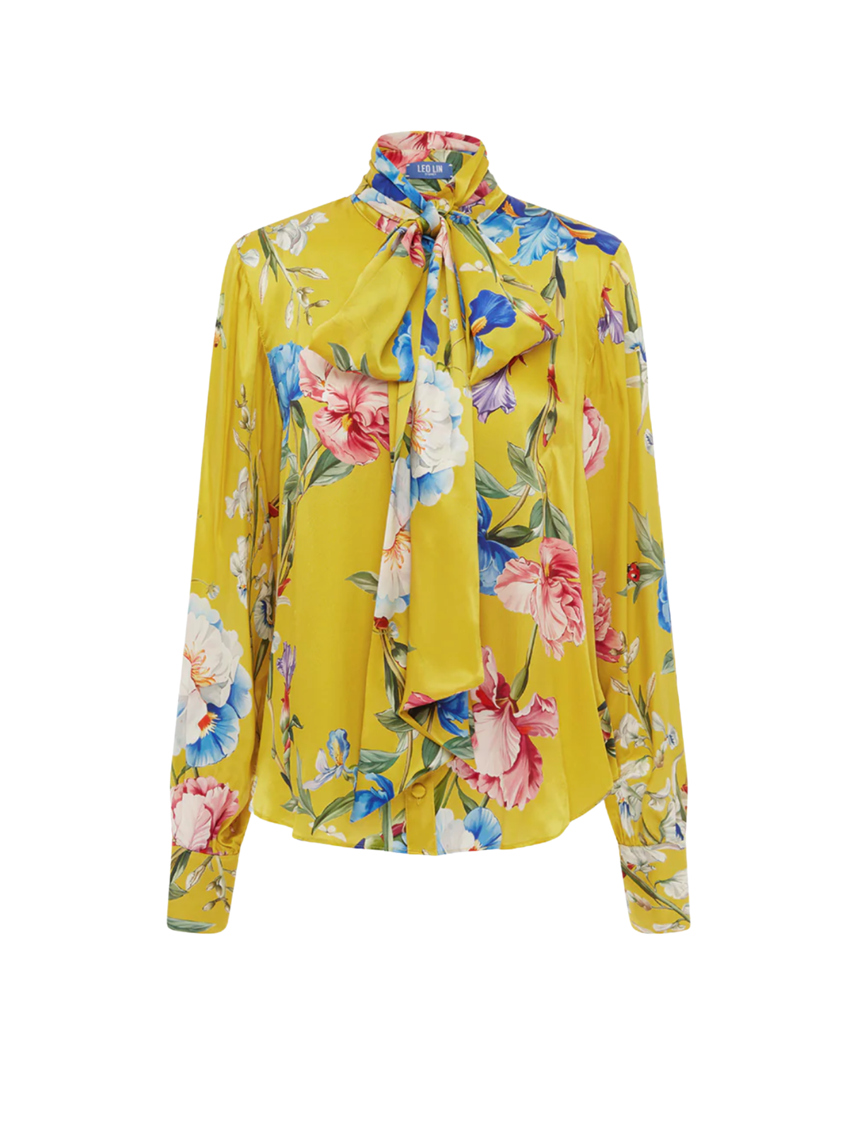 Freya Tie Neck Silk Blouse - Garden Print in Mustard