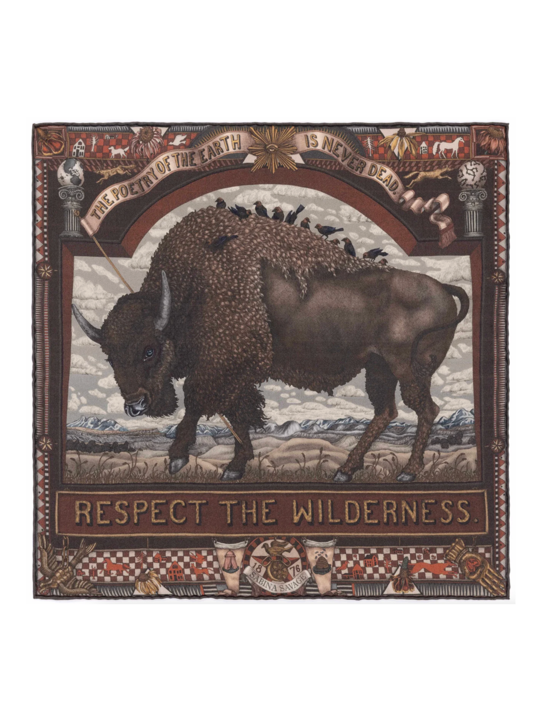 42x42 Small Silk Scarf-Secrets of the Bison-Sanguine/Silver