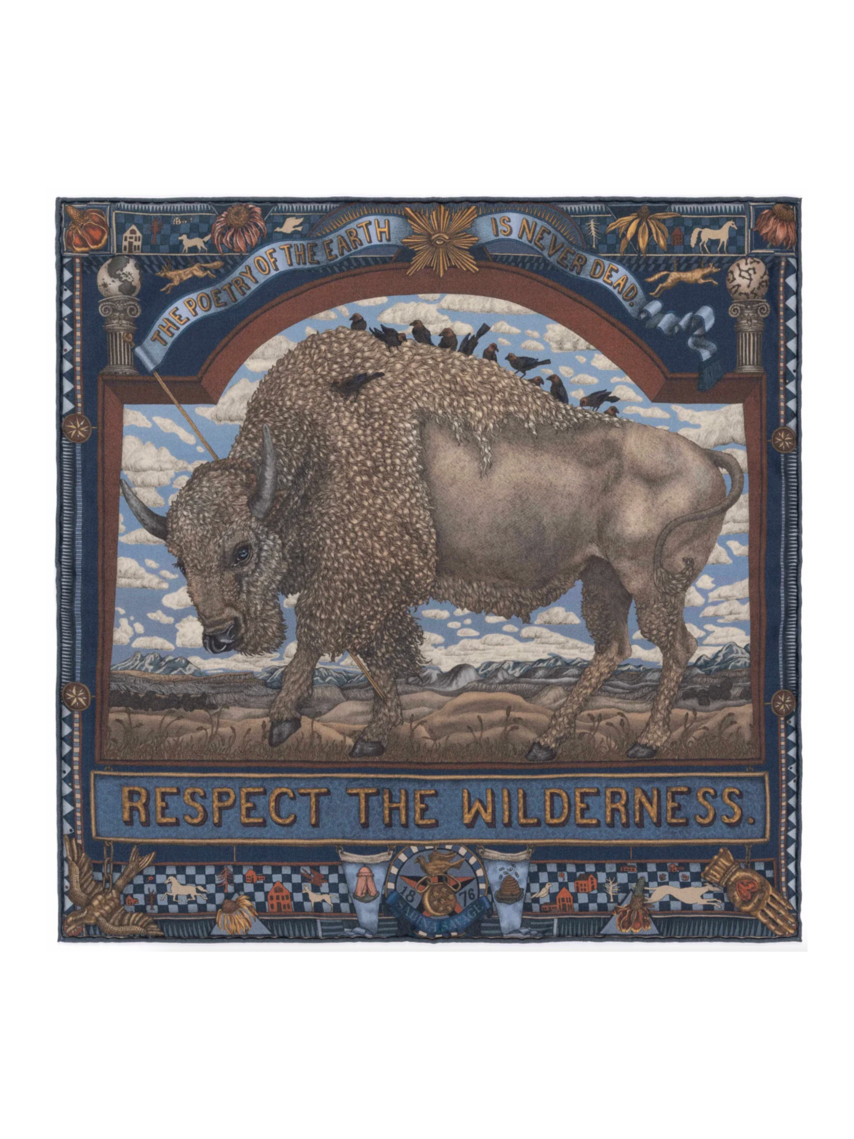 42x42 Small Silk Scarf-Secrets of the Bison-Chambray/Stone