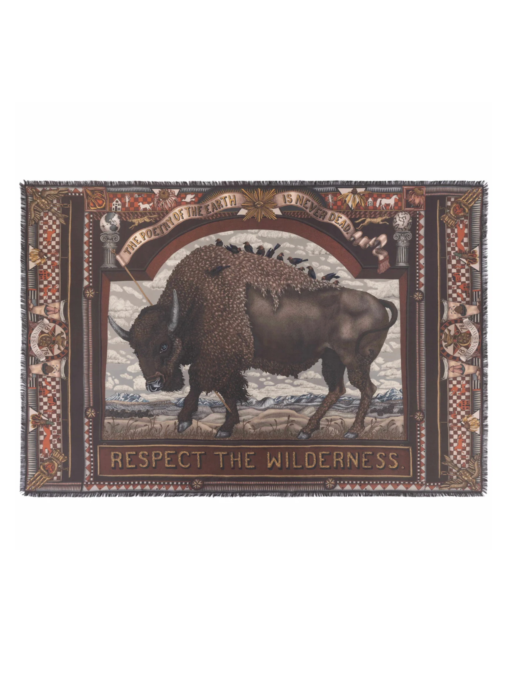 135x195 Rectangular Silk Scarf-Secrets of the Bison-Sanguine/Silver
