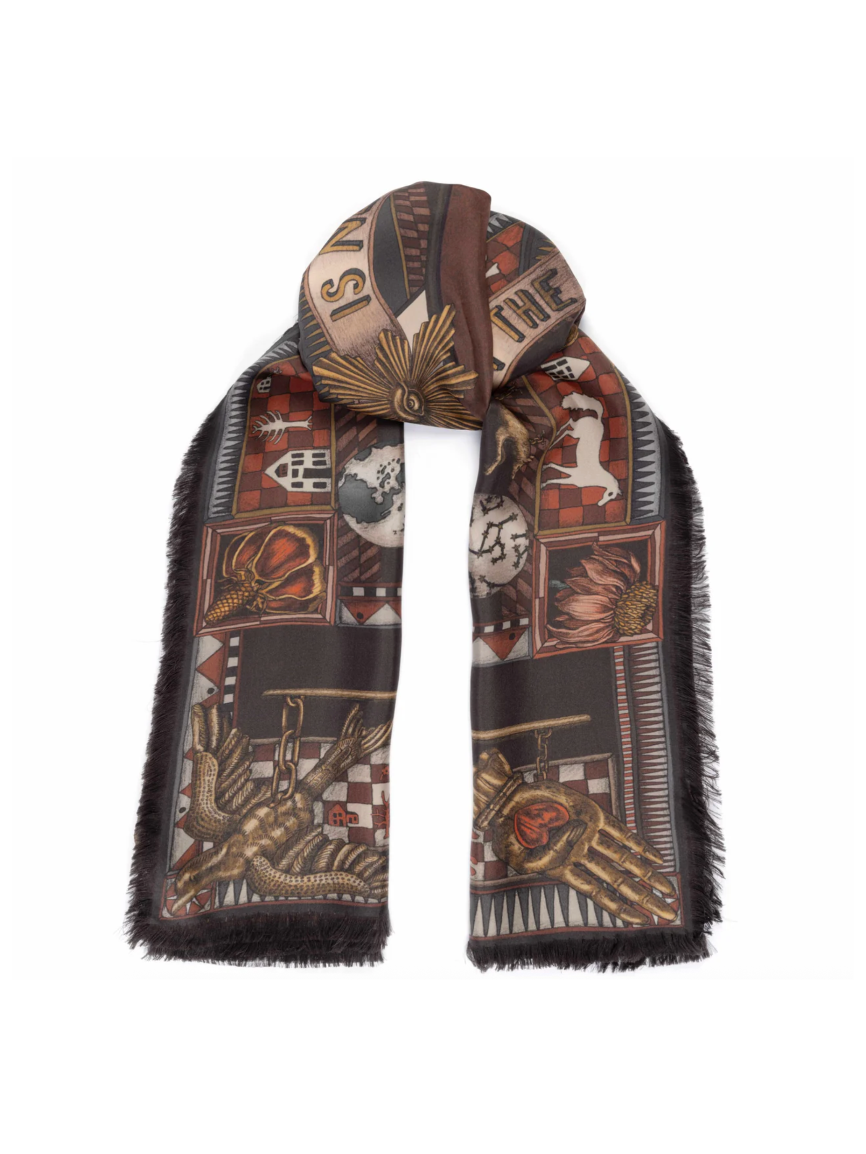 135x195 Rectangular Silk Scarf-Secrets of the Bison-Sanguine/Silver