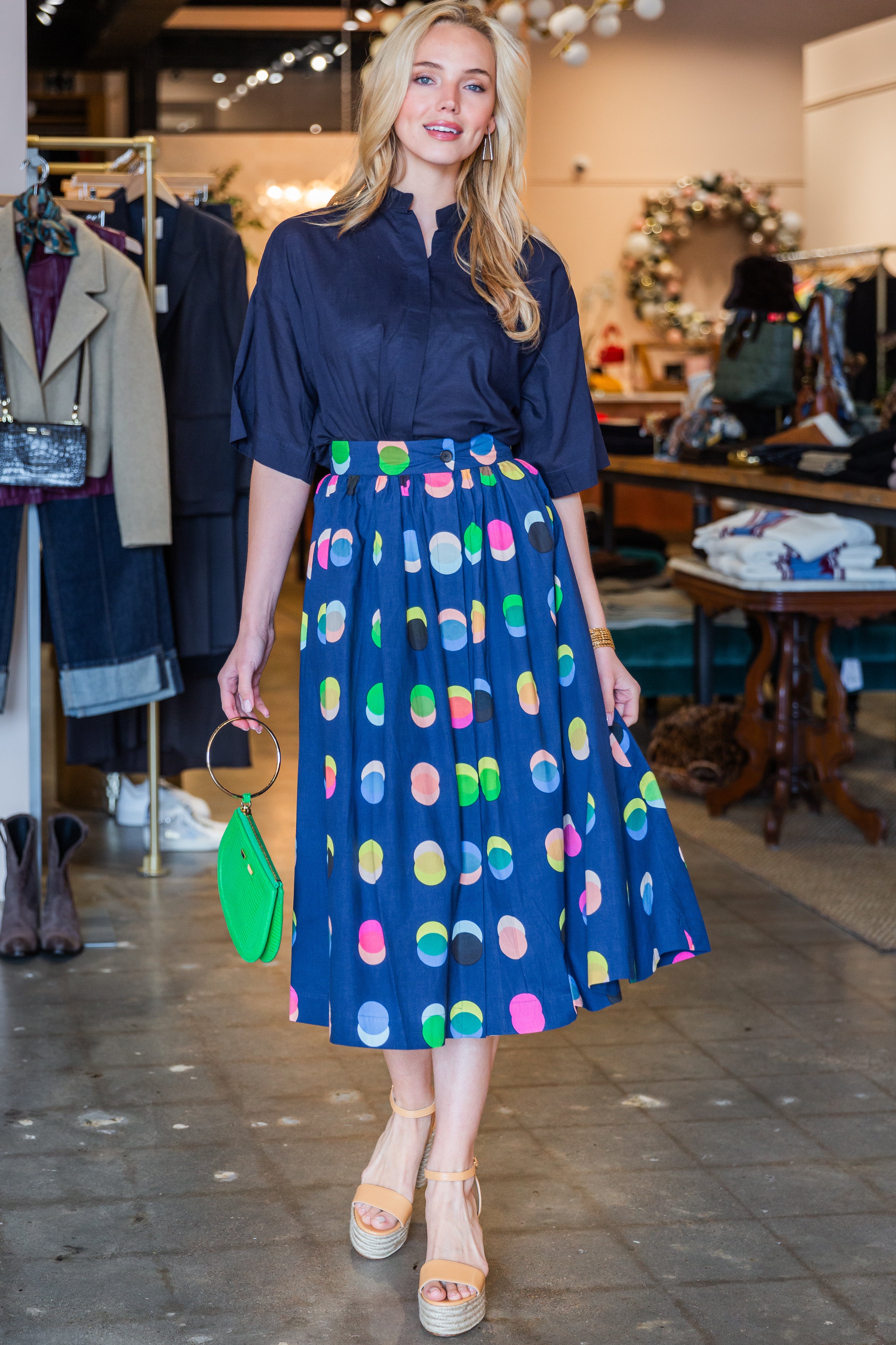 Printed Front Button Skirt - Marine