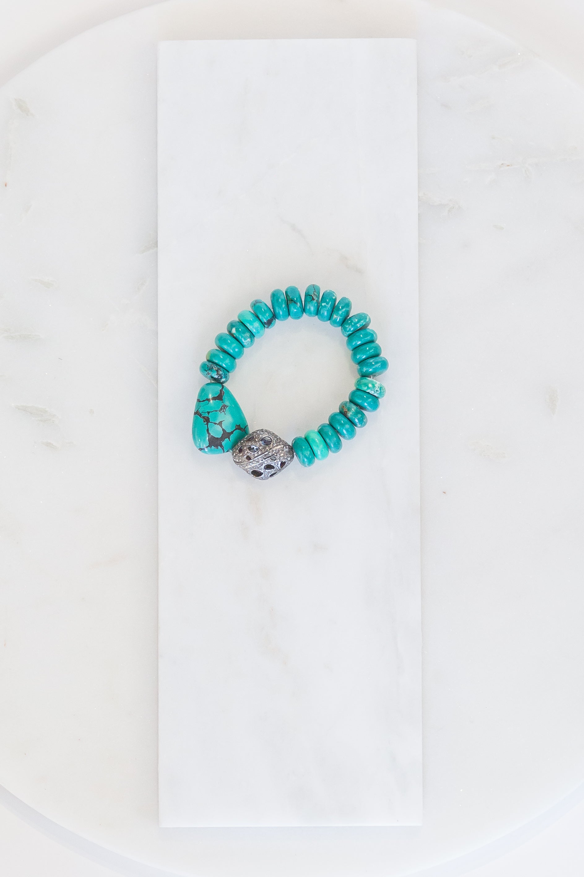 Turquoise Bead Stretch Bracelet w/ Pave Diamond Bead (y10337b)