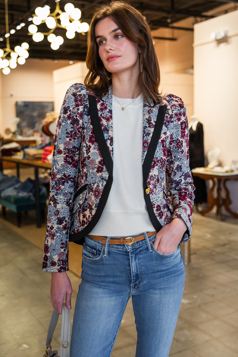 Taped Pouf Sleeve One Button Blazer - Plum Floral