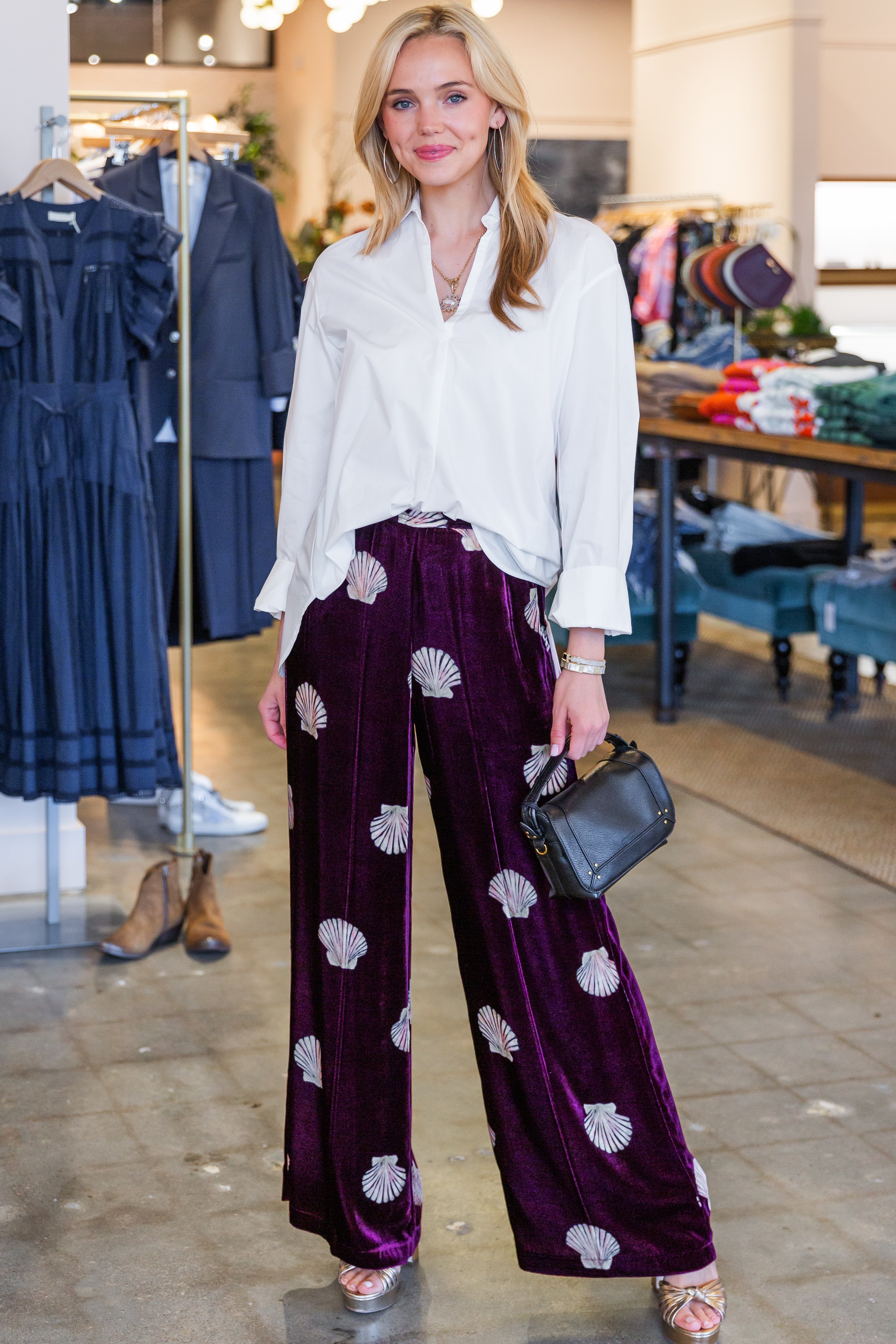 "Mother of Pearl" Print Velvet Pants - Ruby