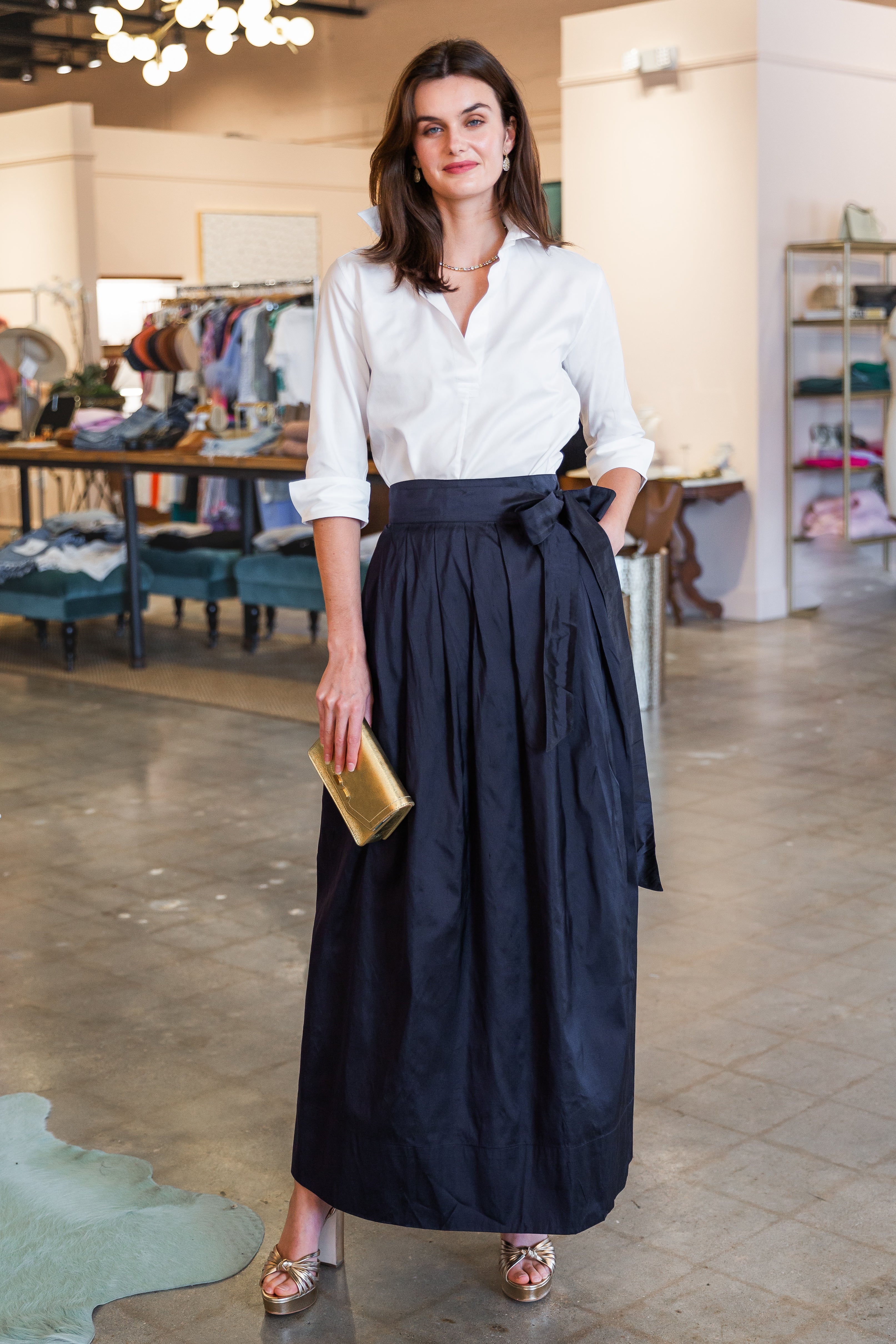 Pleated Wrap Skirt - Navy Silk Shantung