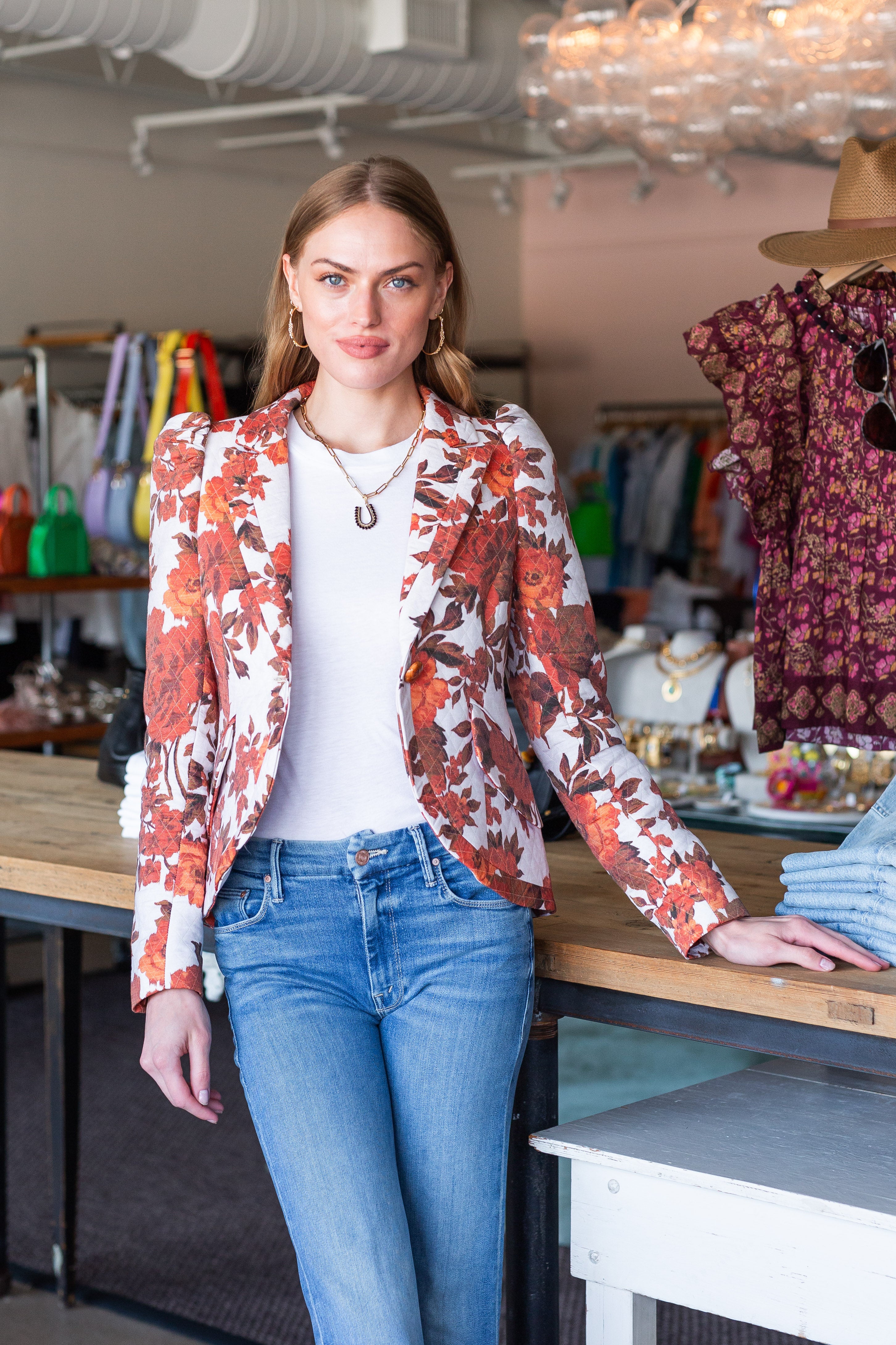 Taped Pouf Sleeve Button Blazer-Rust Floral