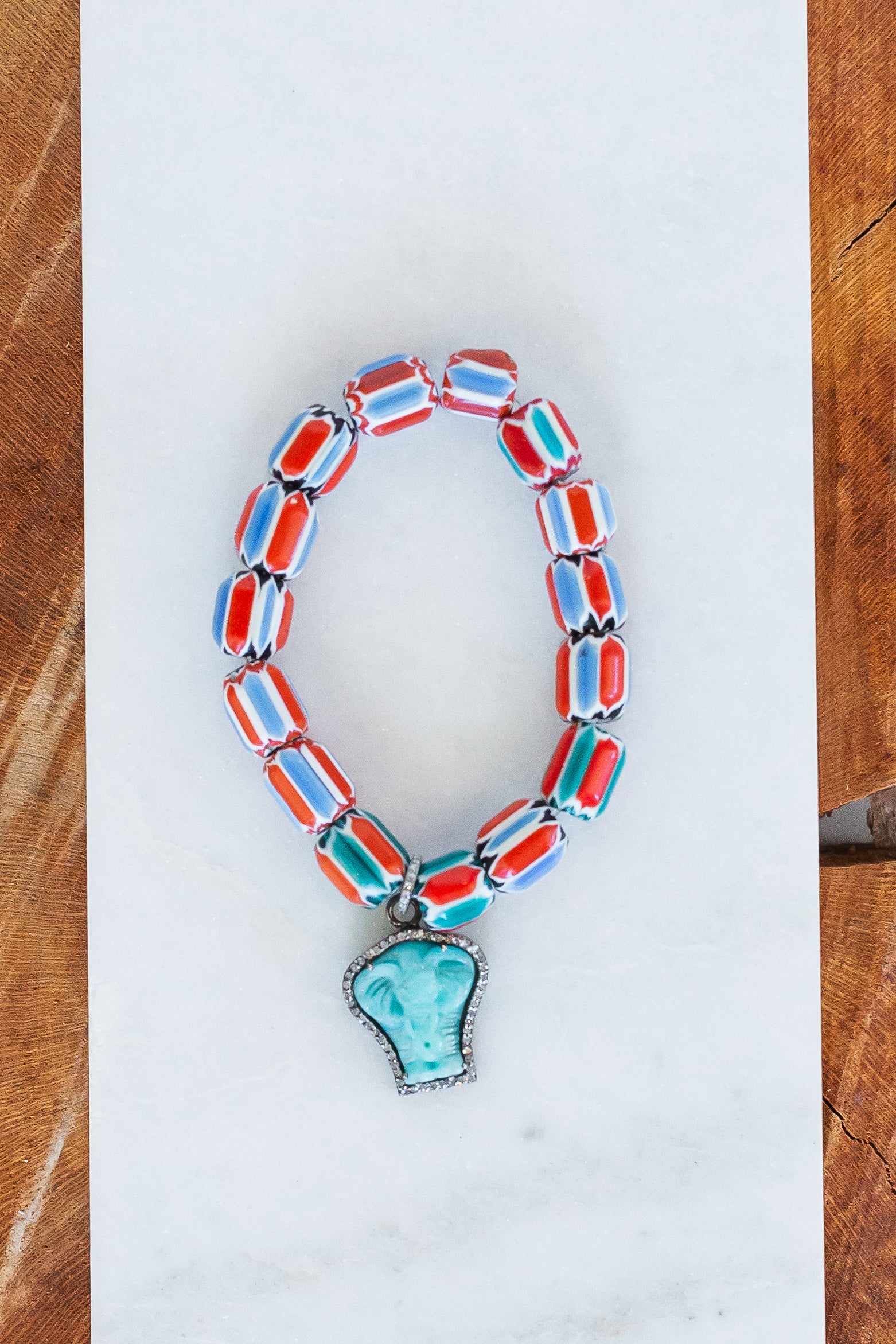 Blue and Coral African Beaded Bracelet (y10105b)