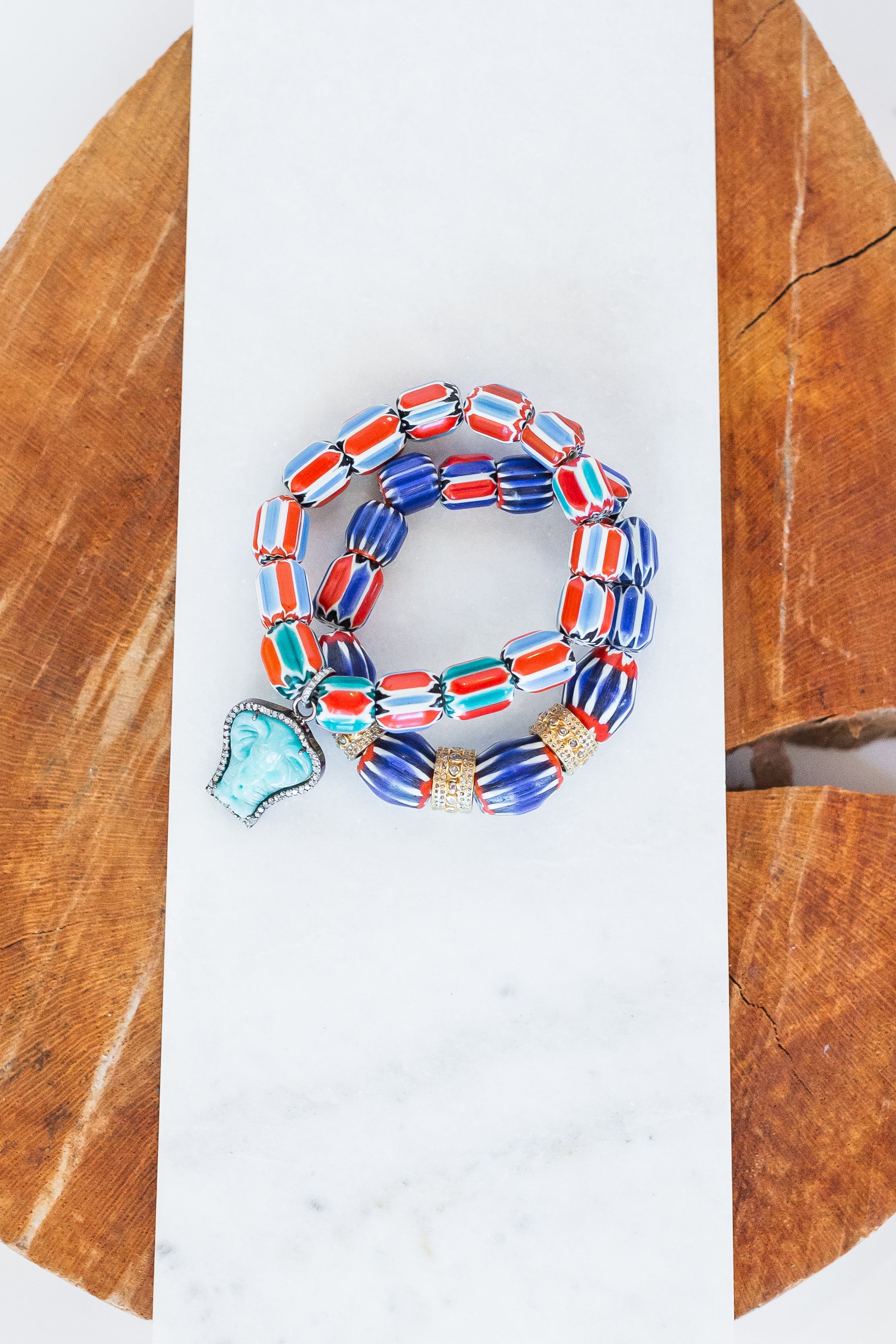 Blue and Coral African Beaded Bracelet (y10105b)