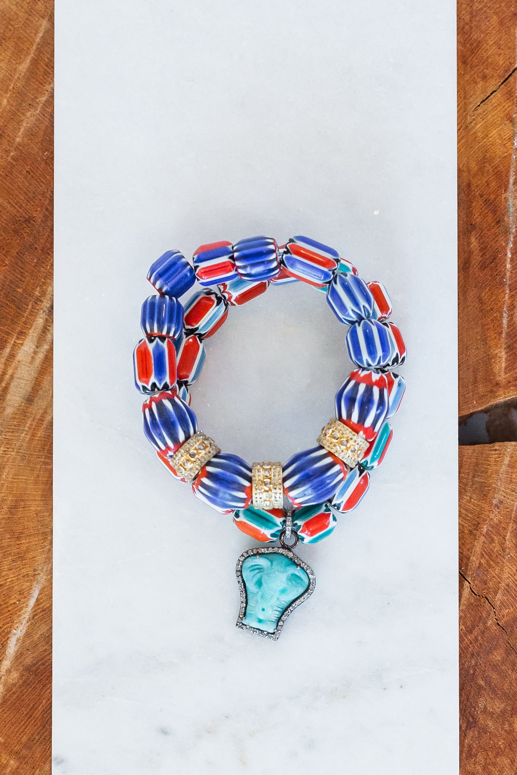 Blue and Coral African Beaded Bracelet (y10105b)