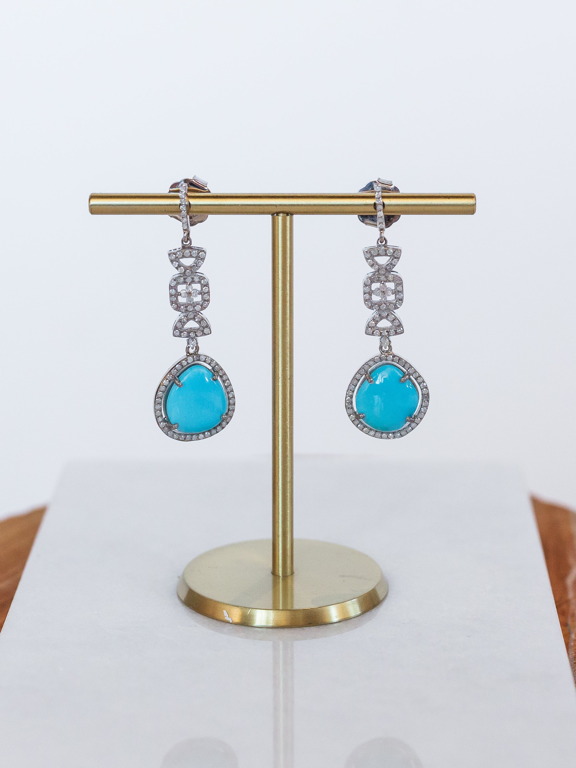 Diamond and Turquoise Geometric Drop Earrings (y10079b)