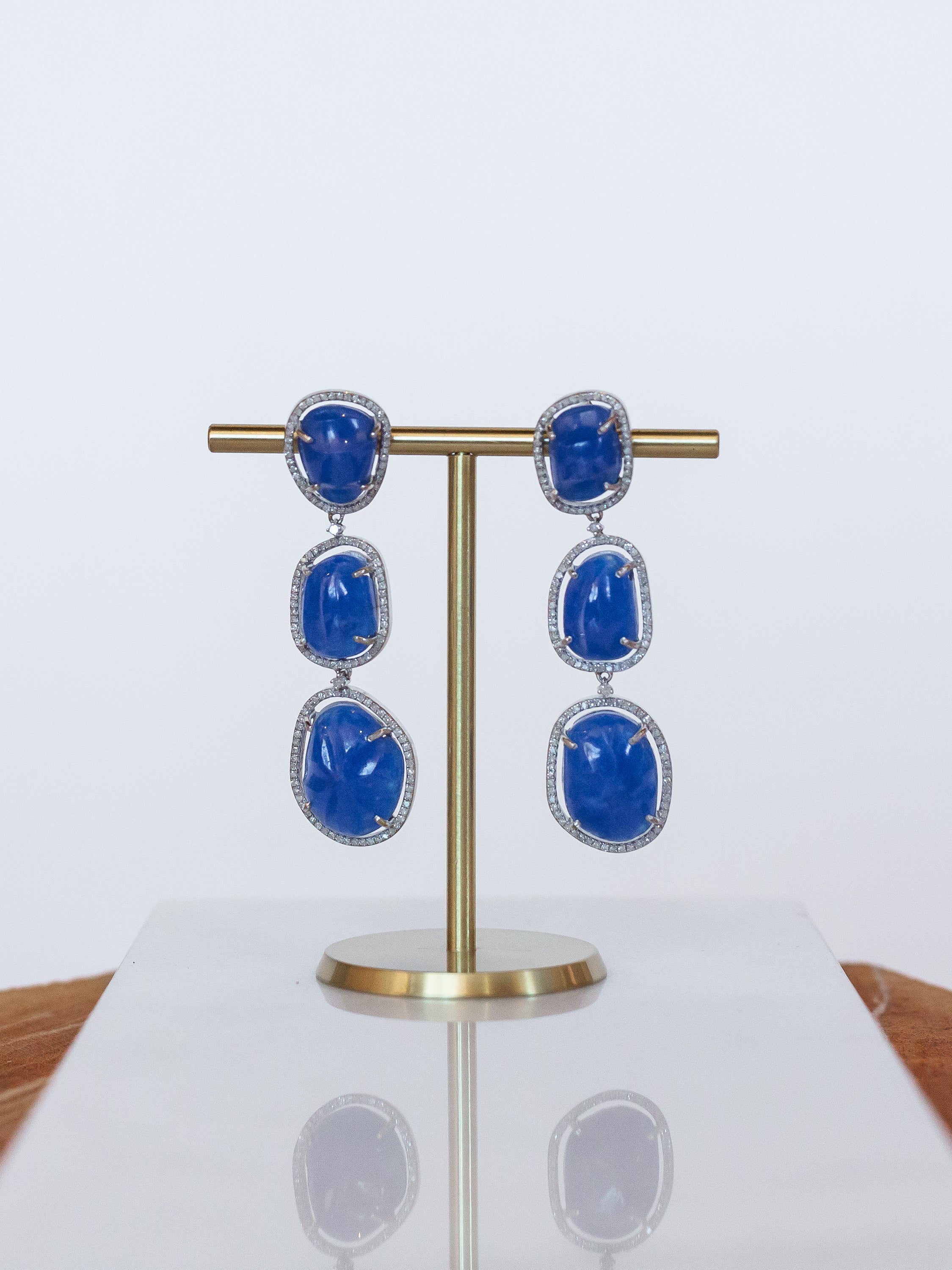 Three Stone Lapis Drop Earrings (y10075b)