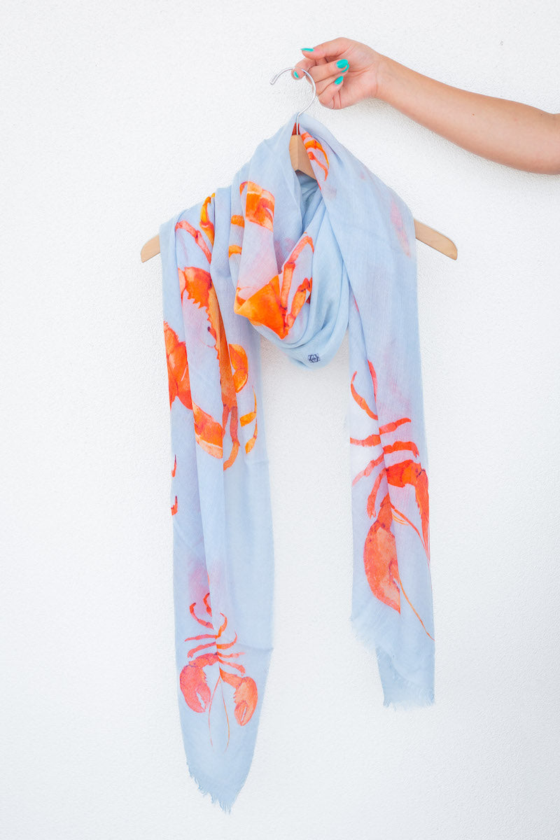 Crab & Lobster Hand Printed Scarf - Light Blue