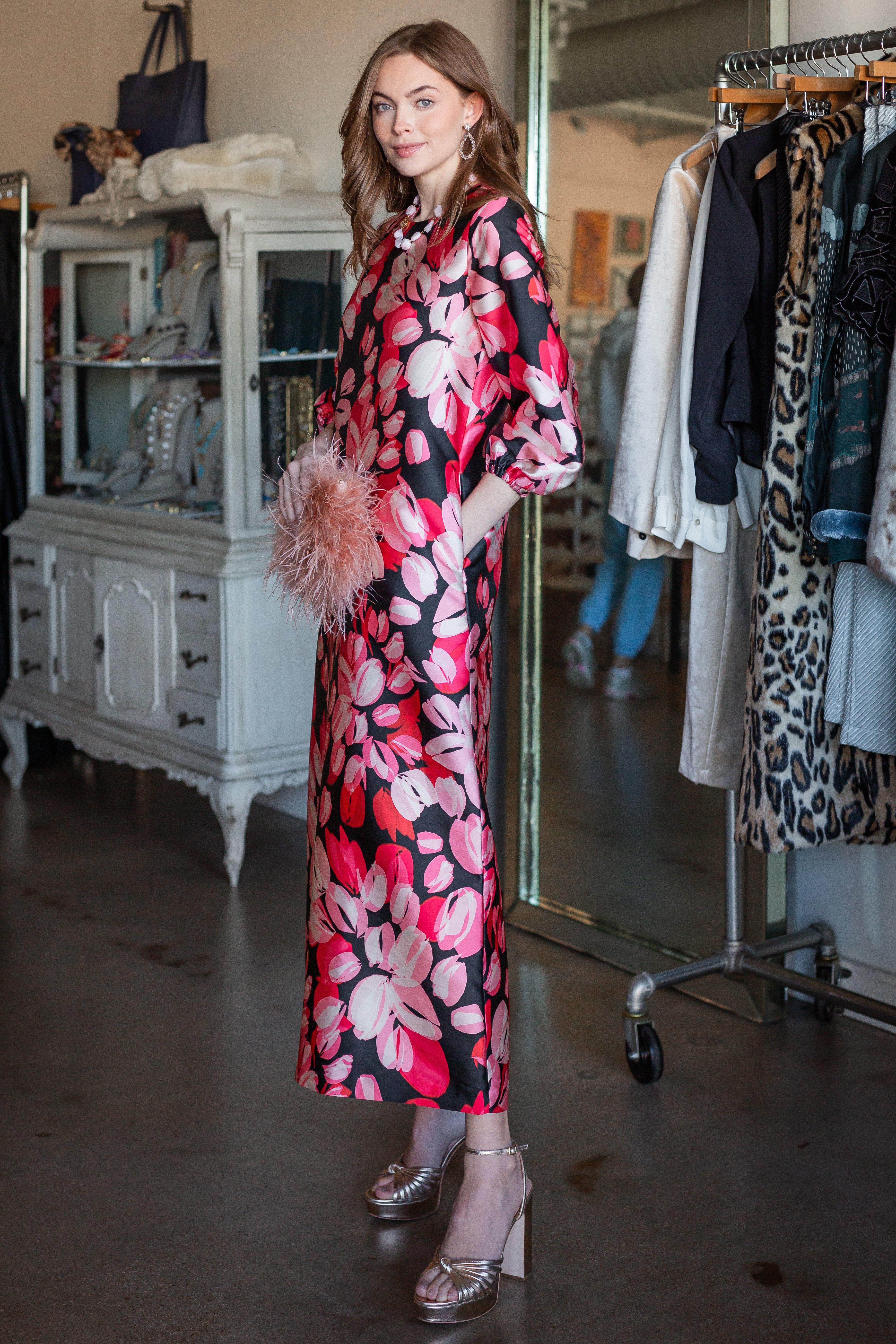 L/S Paige Maxi Dress - Pink/Black Painterly Floral