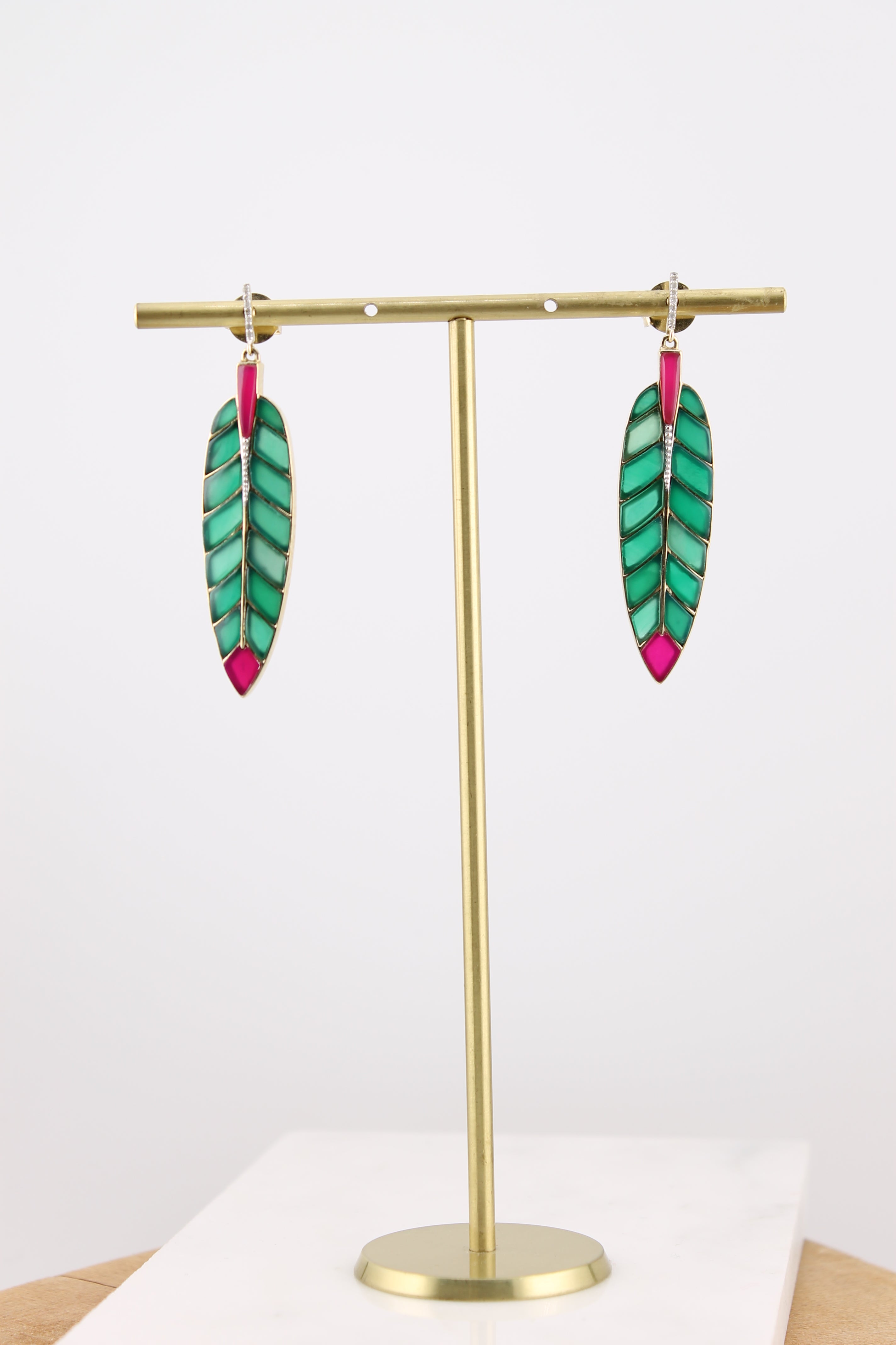 Pink and Green Onyx Feather Earrings (Y10968B)